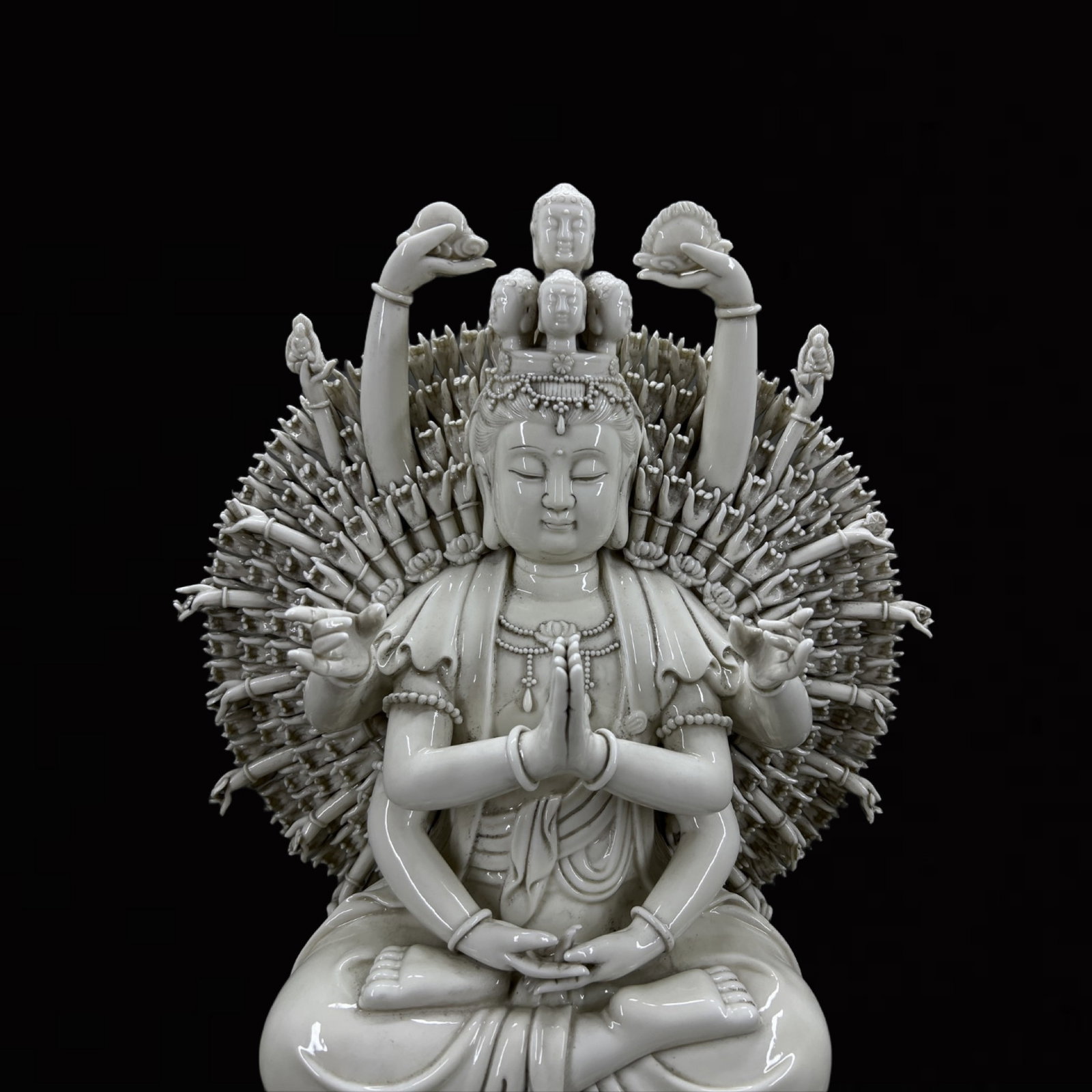 A Solemn Blance-De-Chine Statue of Thousand-hand Guanyin: A Solemn Blance-De-Chine Statue of Thousand-hand Guanyin,Ming Dynasty,China,He Chaozong Mark,Size:22.6in 德化瓷千手观音像,中国明ߣ