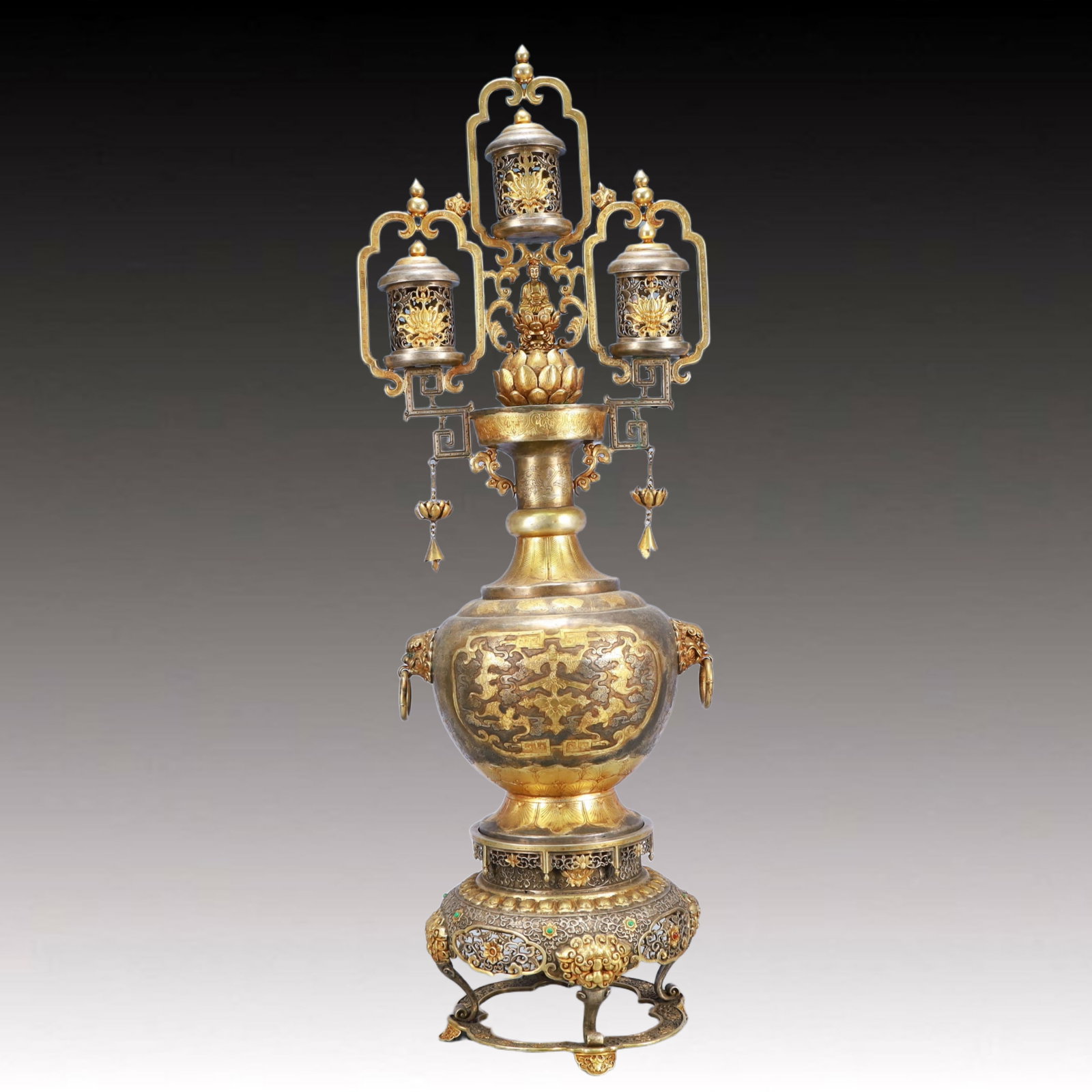 A Huge Gilt Silver Lotus and Bats Pattern Beast-Ears Candlestick,Inlaid Gems: A Huge Gilt Silver Lotus and Bats Pattern Beast-Ears Candlestick,Inlaid Gems,Tang Dynasty, China,Zhenguan Four-character Mark,Size:10.6inx8.7inx31.5in,Weight:8150g 银鎏金缠