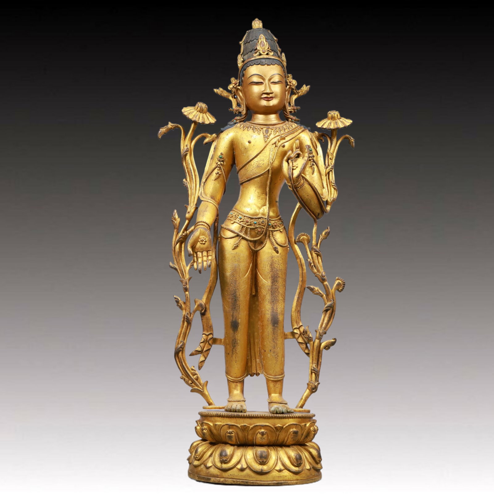 A Solemn Gilt Bronze Statue of Tara, Inlaid Gems: A Solemn Gilt Bronze Statue of Tara, Inlaid Gems, Ming Dynasty, China, Size:6.3inx4.7inx24.4in, Weight:7800g 铜鎏金度母像,嵌宝石,中国&