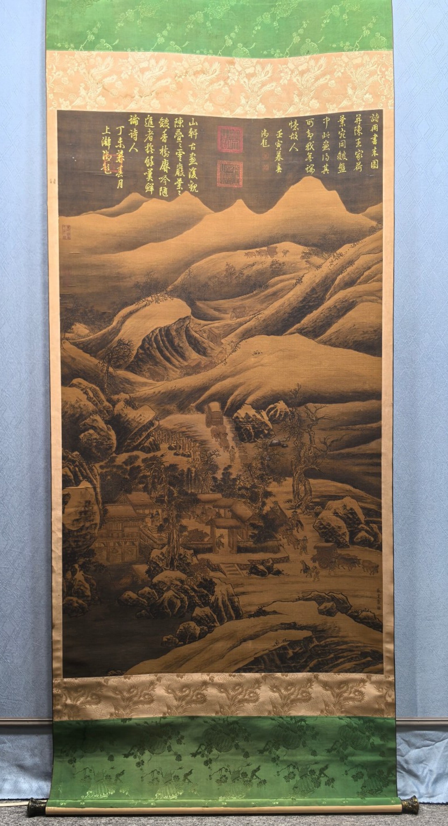 A Chinese Vertical Scroll Ink Painting of Landscape on Silk: A Chinese Vertical Scroll Ink Painting of Landscape on Silk,Fan Kuan,Size:40.2inx69.8in 一幅中国水墨绢本山水画立轴,范