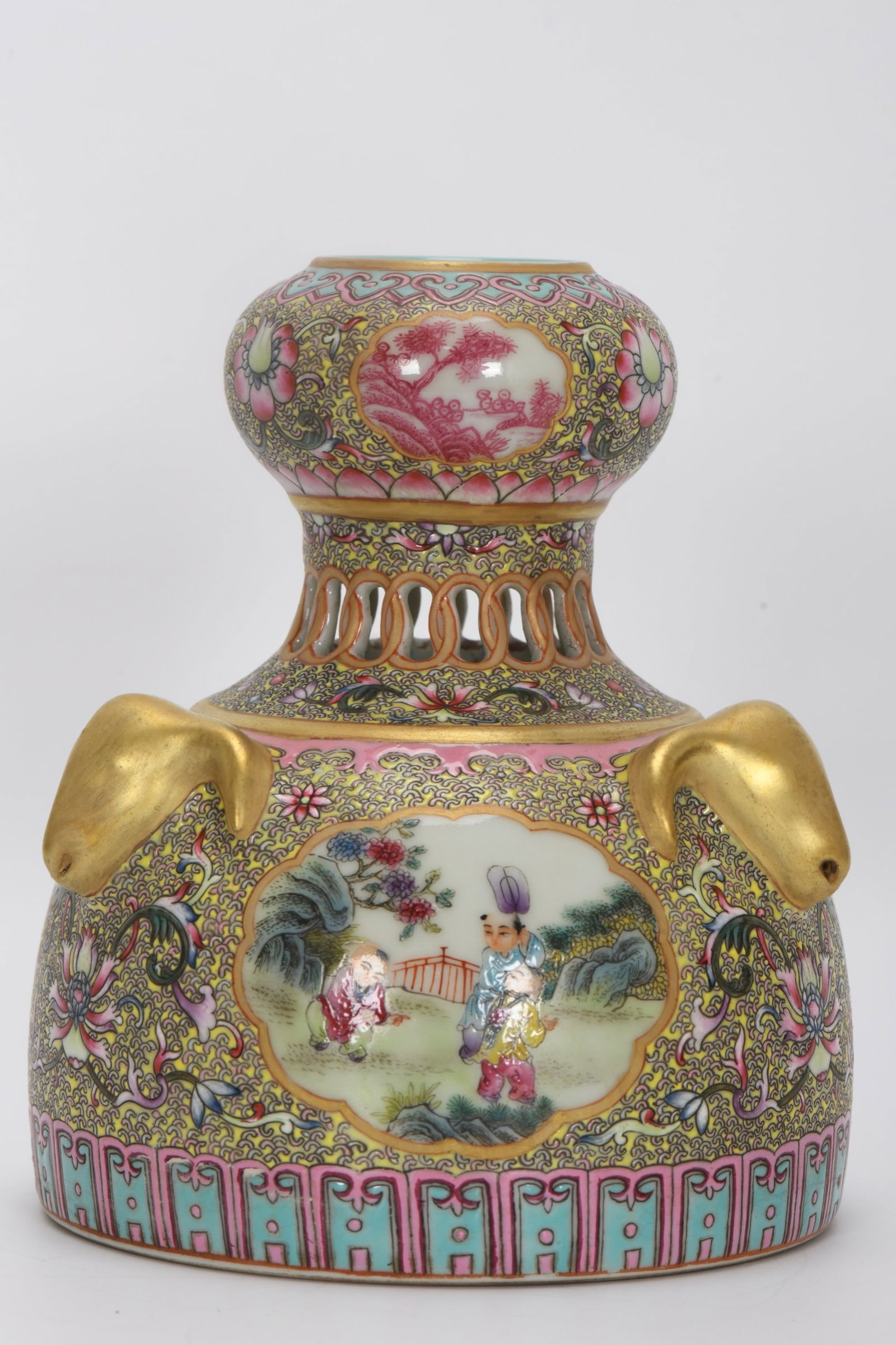 An Exquisite Enamel Character and Story Pattern Beast-Ears Vase: An Exquisite Enamel Character and Story Pattern Beast-Ears Vase,Qing Dynasty,China,Qianlong Six-character Mark,Size:6.2inx5in 珐琅彩人物故事纹兽&#