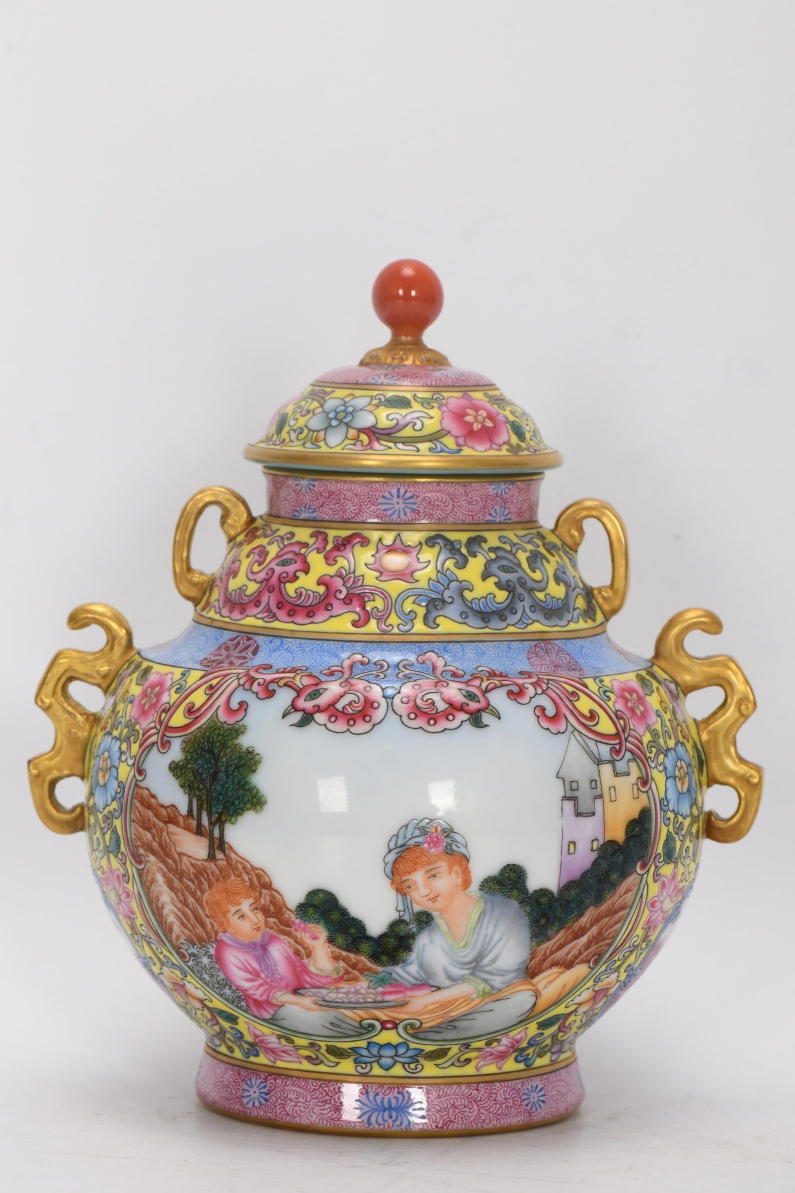 An Exquisite Yellow Ground Enamel Character and Story Pattern Double-Ears Jar with Cover: An Exquisite Yellow Ground Enamel Character and Story Pattern Double-Ears Jar with Cover,Qing Dynasty,China,Qianlong Four-character Mark,Size:6.7inx5.7in 黄地珐琅彩ߟ