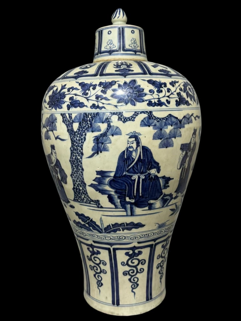 A Huge Blue and White Lotus and Figure Pattern Bottle: A Huge Blue and White Lotus and Figure Pattern Bottle,Qing Dynasty,China,Size:22.2inx10.2in