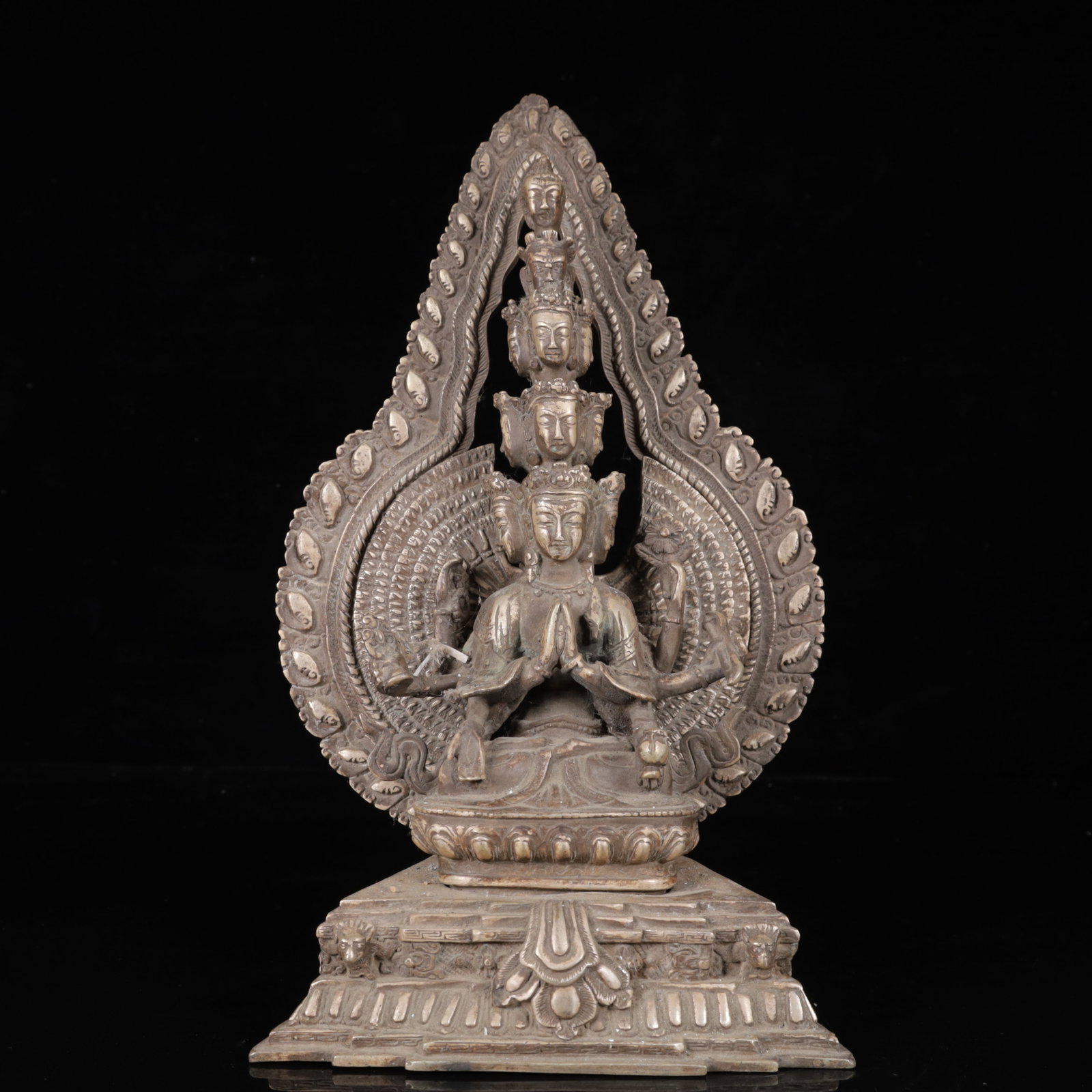 An Exquisite Silver-Plated Bronze Statue of Eleven-Headed Buddha Statue: An Exquisite Silver-Plated Bronze Statue of Eleven-Headed Buddha Statue,Qing Dynasty,China,Size:6.7inx3.9inx11.8in,Weight:2100g 铜镀银十一面佛像,中