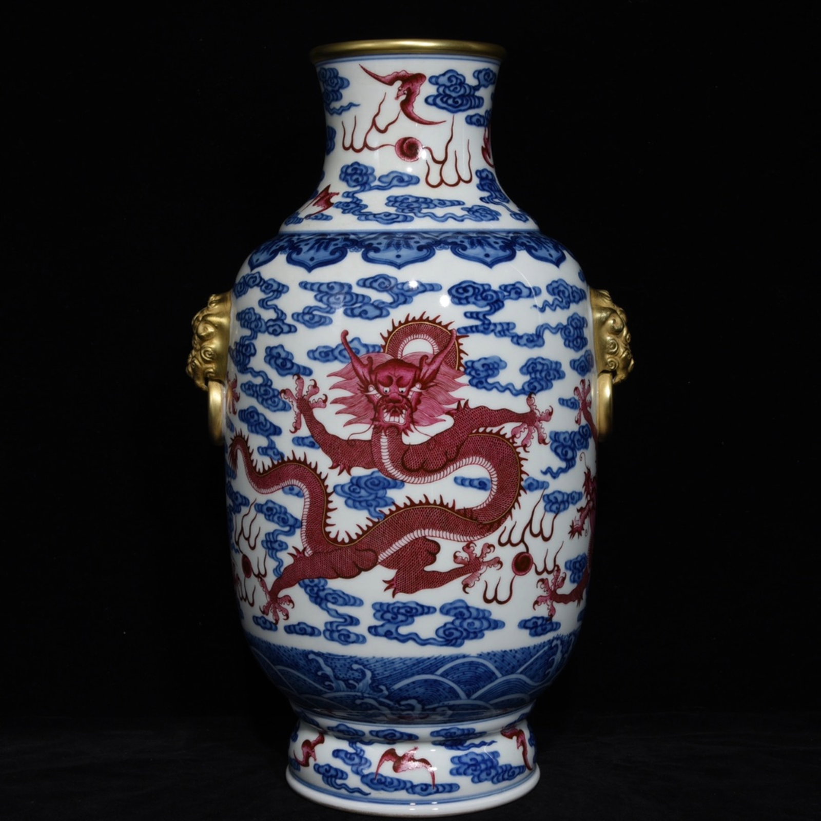 A Huge Blue and White Agate Red Glazed Gilt Auspicious Cloud and Dragon Pattern Beast-Ears Vase: A Huge Blue and White Agate Red Glazed Gilt Auspicious Cloud and Dragon Pattern Beast-Ears Vase,Qing Dynasty,China,Qianlong Six-character Mark,Size:16.1inx9.4in 青花玛瑙红