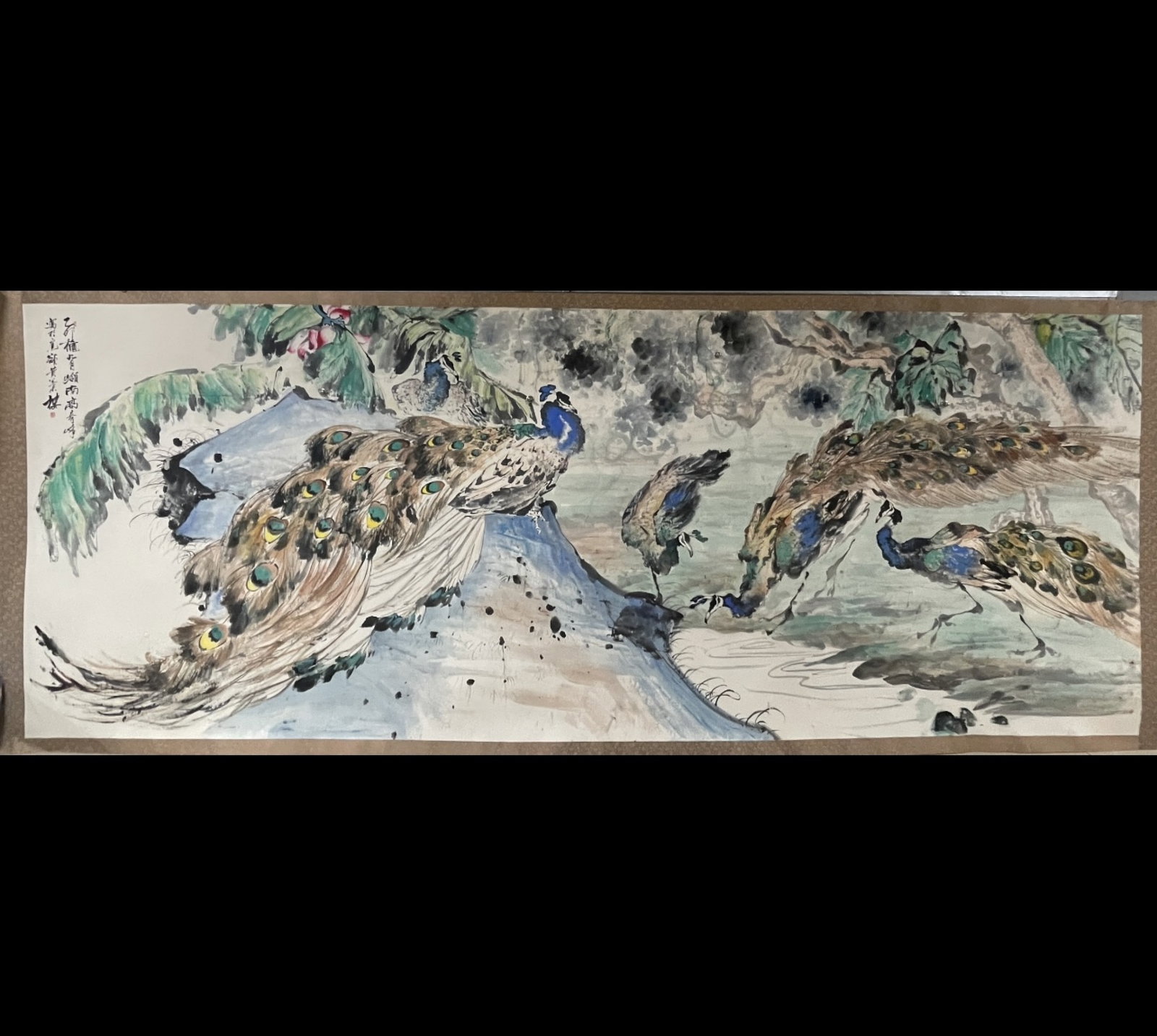 A Chinese Ink Painting of Peacock on Paper: A Chinese Ink Painting of Peacock on Paper,Gao Qifeng,Size:78.7inx196.8in 一幅中国水墨孔雀画,高奇峰