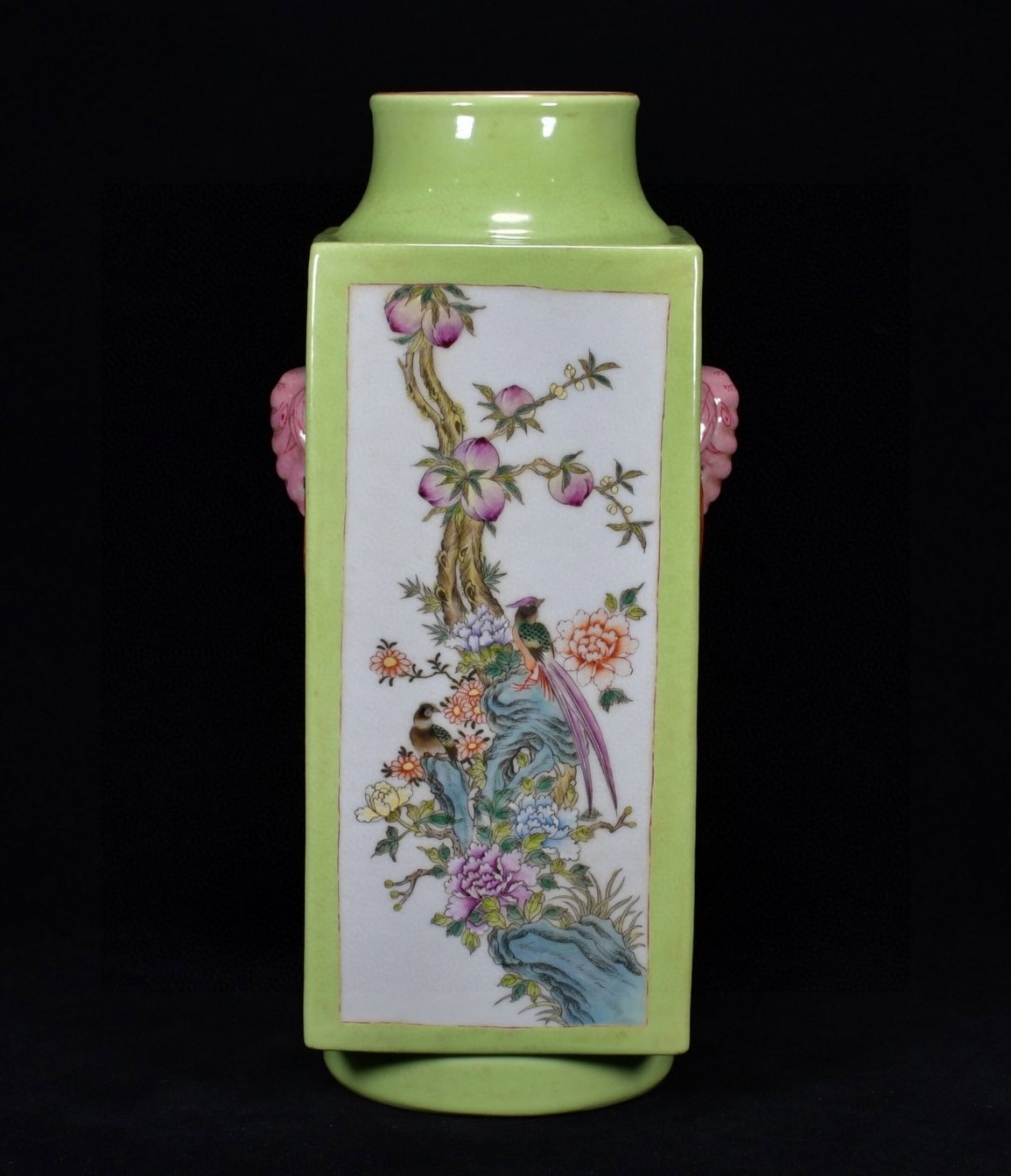 A Rare Green Glazed Famille-Rose Flower and Bird Pattern Elephant-Ears Vase: A Rare Green Glazed Famille-Rose Flower and Bird Pattern Elephant-Ears Vase,Qing Dynasty,China,Qianlong Six-character Mark,Size:14.2inx7.1in 绿釉粉彩花鸟纹