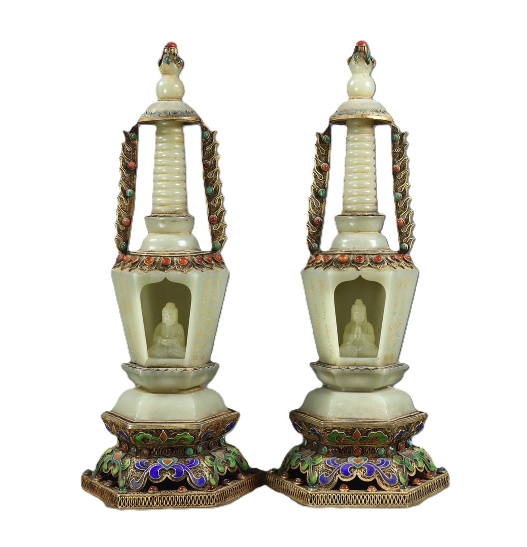 A Pair of Exquisite Gilt Silver Inlaid Greenish Jade Pagodas,Inlaid Gems,with poem: A Pair of Exquisite Gilt Silver Inlaid Greenish Jade Pagodas,Inlaid Gems,with poem,Qing Dynasty,China,Size:11.6inx4.7in,Weight:1373g 一对银鎏金嵌青白