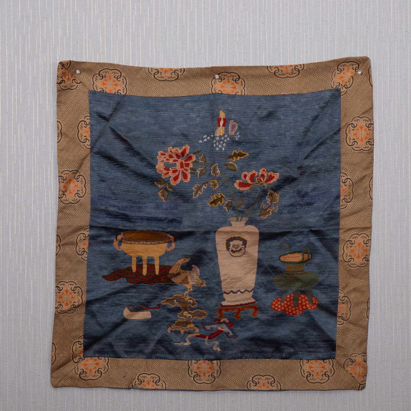 An Exquisite Brocade Embroidery Flower Pattern: An Exquisite Brocade Embroidery Flower Pattern,Qing Dynasty,China,Size:25.6inx24.8in 织锦刺绣花卉图,中国清代