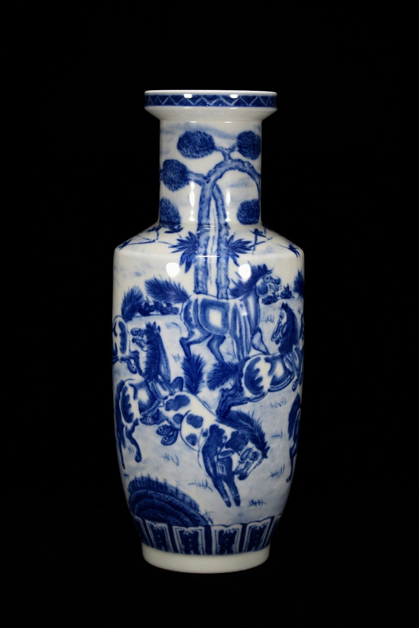 A Huge Blue and White Horse Pattern Vase: A Huge Blue and White Horse Pattern Vase,Qing Dynasty,China,Kangxi Six-character Mark,Size:18.1inx7.9in 青花骏马纹瓶,中国清代,康ଡ଼
