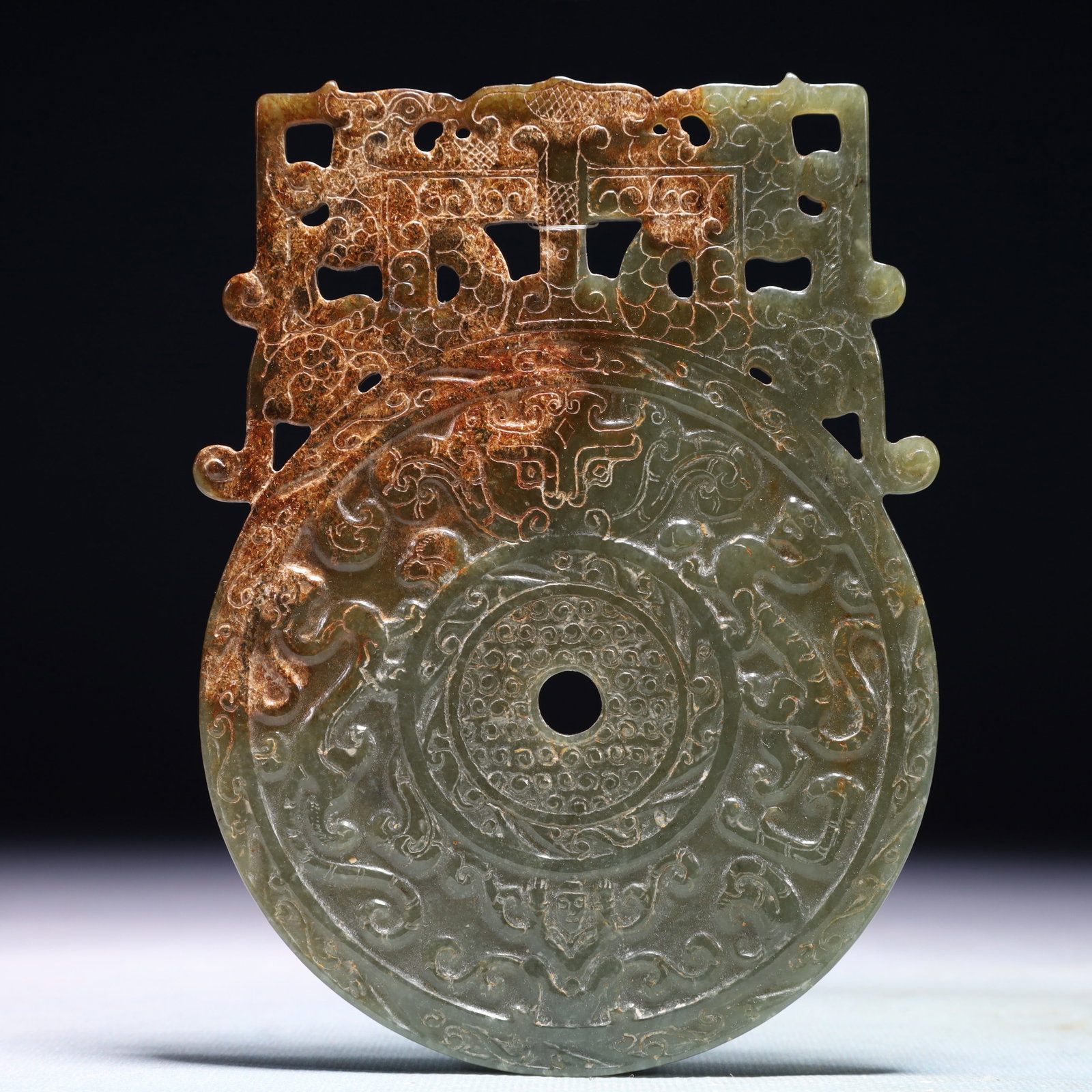 An Exquisite Jasper Beast-Face Pattern Pendant: An Exquisite Jasper Beast-Face Pattern Pendant,Qing Dynasty,China,Size:4.1inx5.5in,Weight:187.1g 碧玉兽面纹挂件,中国清代