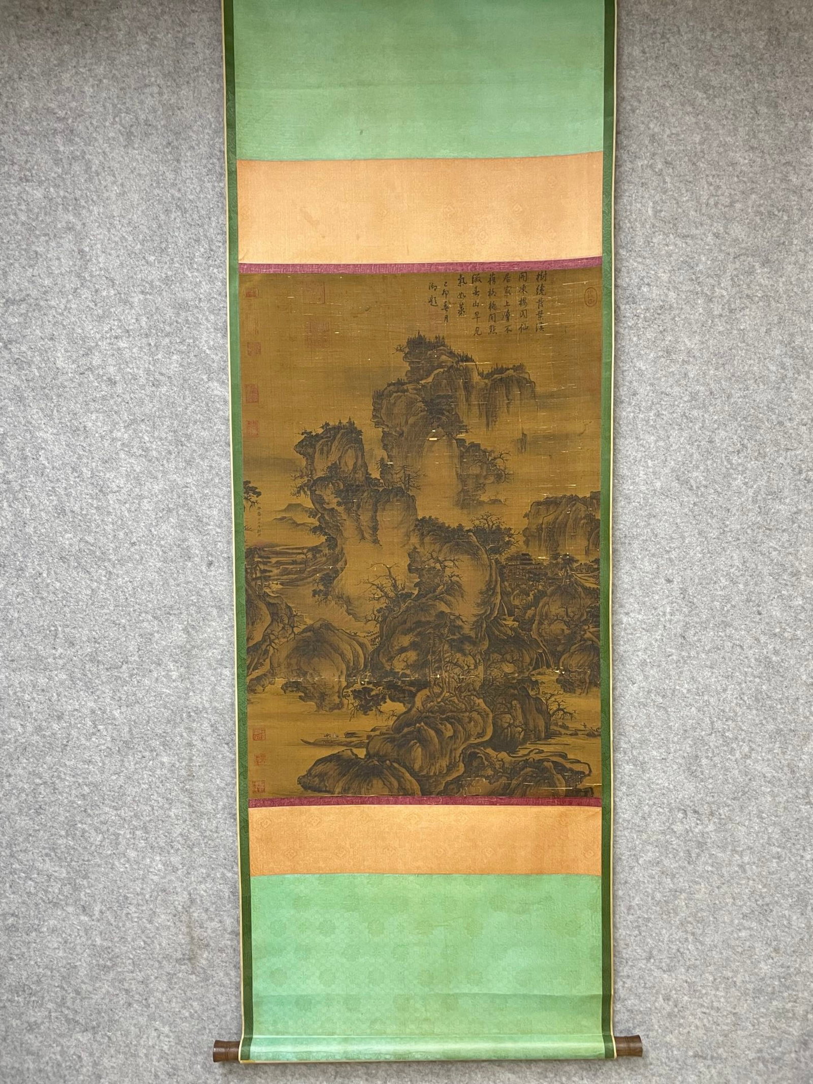 A Chinese Vertical Scroll Ink Painting of Landscape on Silk: A Chinese Vertical Scroll Ink Painting of Landscape on Silk,Guo Xi,Size:25.2inx37.4in 一幅中国水墨绢本山水画立轴,郭&