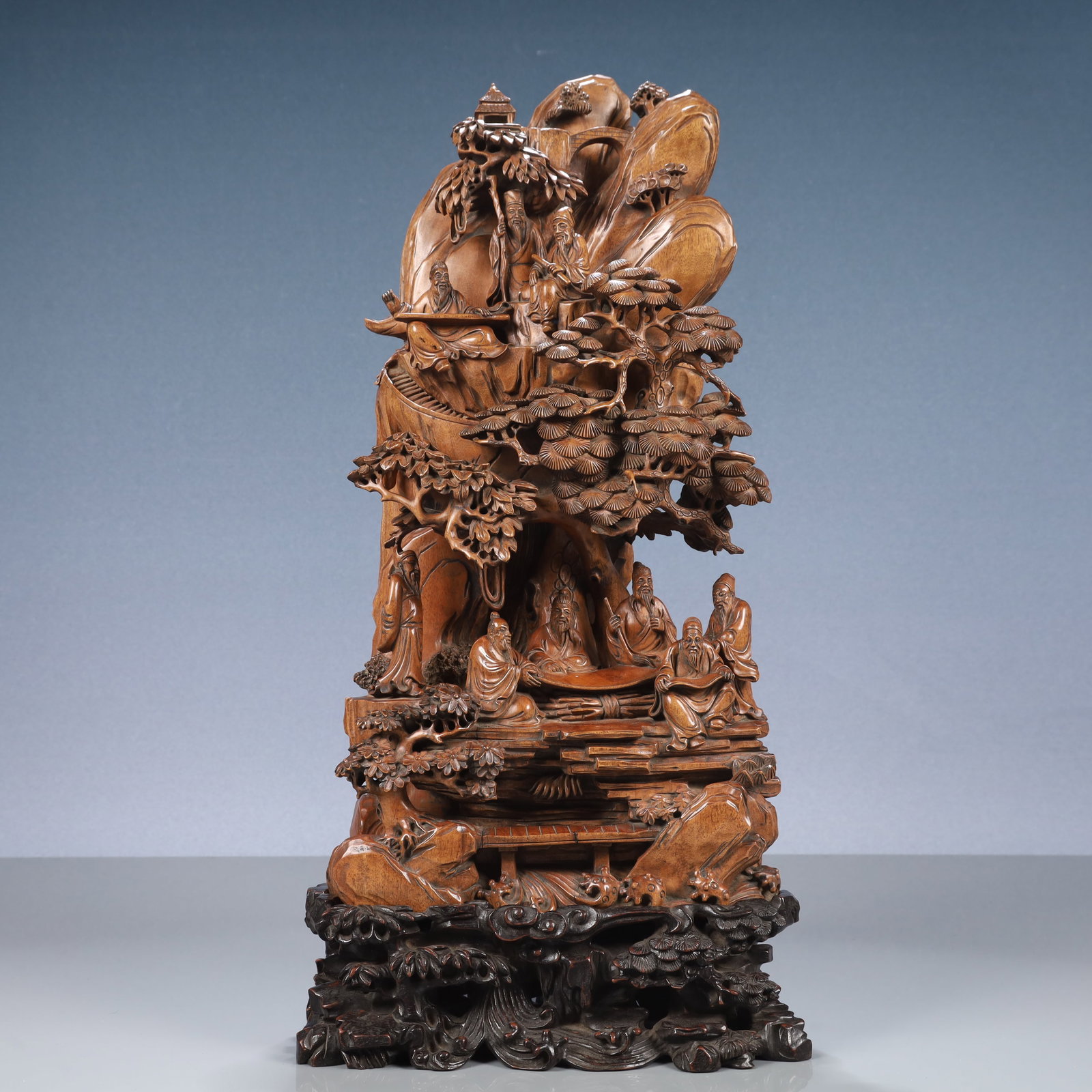 A Huge Sandalwood Landscape and Figure Pattern Ornament,With Base: A Huge Sandalwood Landscape and Figure Pattern Ornament,With Base,Qing Dynasty, China,Size:7.5inx5.1inx16.5in,Weight:3500g 檀香木山水人物纹摆Ê