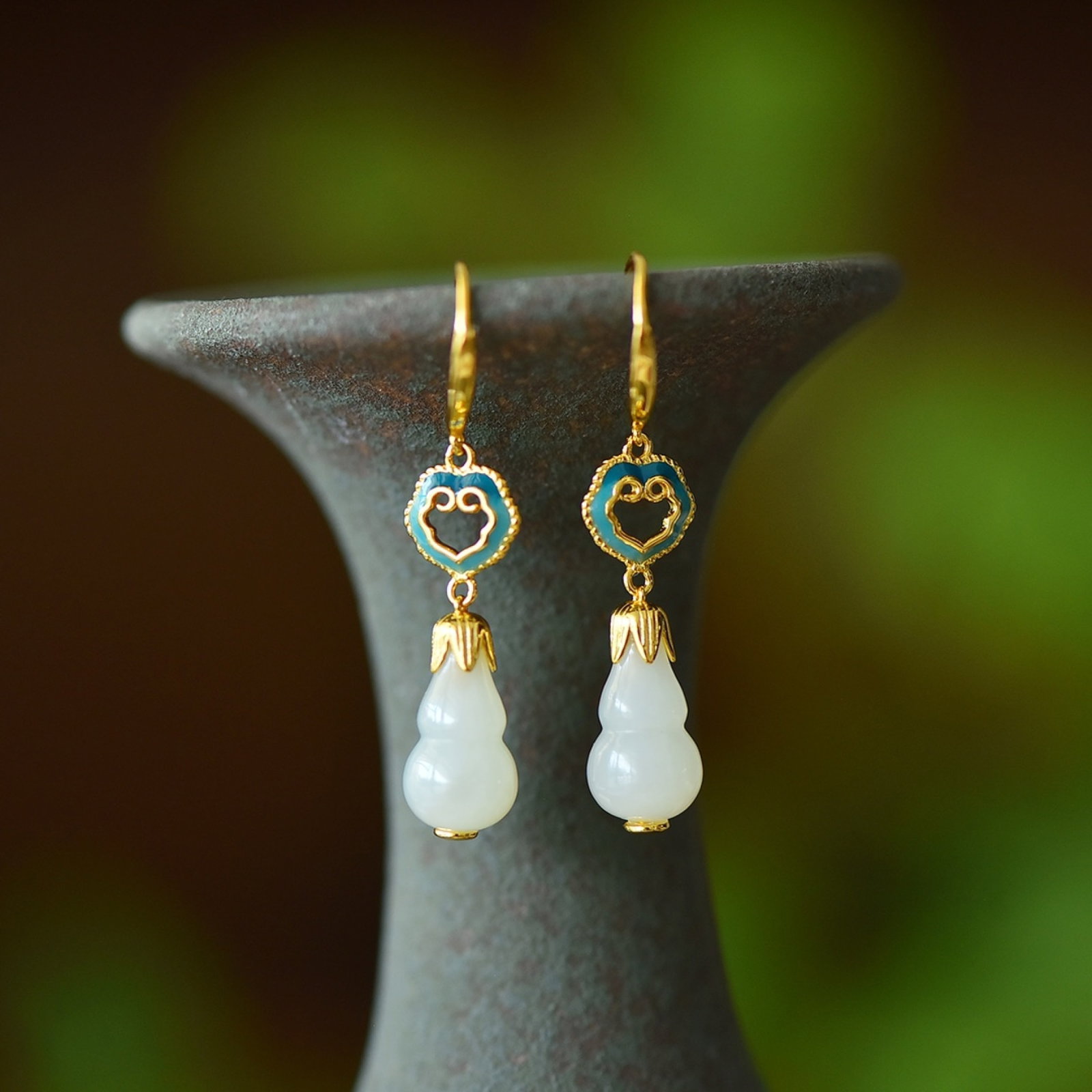 A Pair of Exquisite Sterling Silver-Gold Plated Inlaid White Jade Earrings (1 of 3)