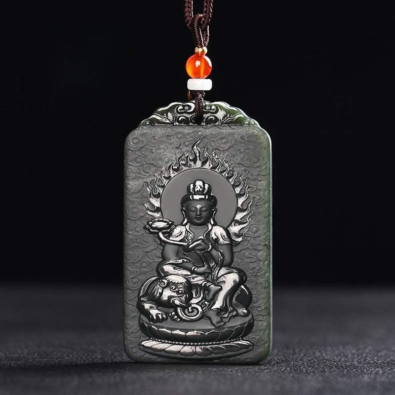 An Exquisite Cyan jade Statue of Samantabhadra Pendant: An Exquisite Cyan jade Statue of Samantabhadra Pendant,Size:2.5inx1.4inx0.3in 青玉普贤菩萨像挂件