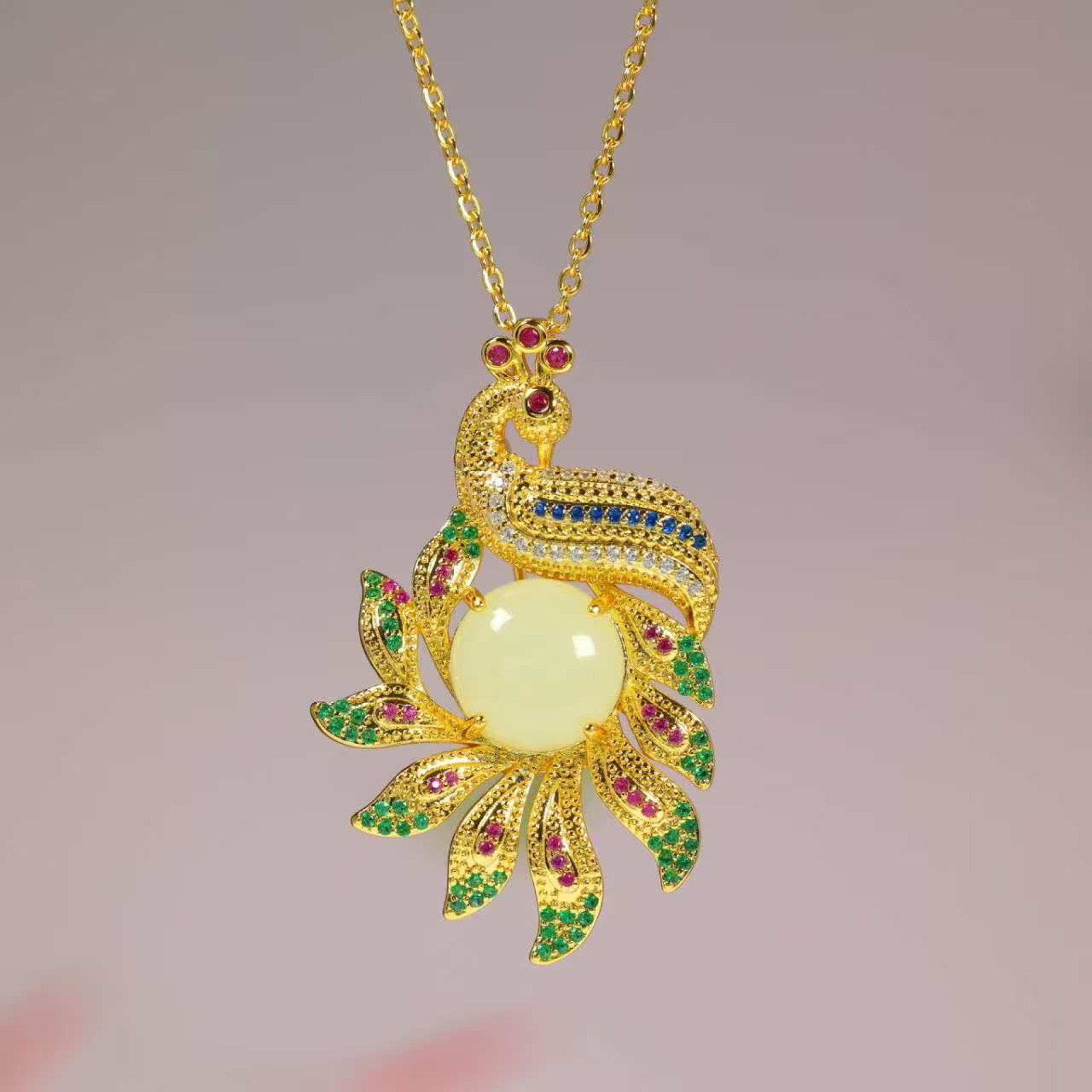 An Exquisite Bronze-Gold Plated Inlaid White Jade Phoenix Necklace,Inlaid Diamond: An Exquisite Bronze-Gold Plated Inlaid White Jade Phoenix Necklace,Inlaid Diamond,Size:0.5inx0.5in 铜镀金镶白玉凤项链,嵌钻石