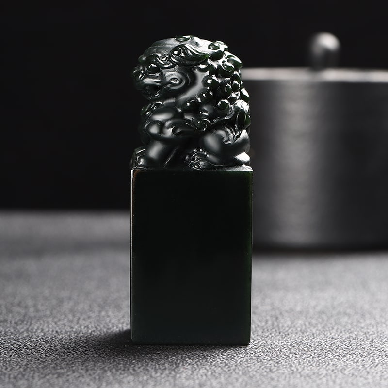 An Exquisite Cyan jade Lion Seal: An Exquisite Cyan jade Lion Seal,Size:1.3inx3.3in 青玉狮子印章
