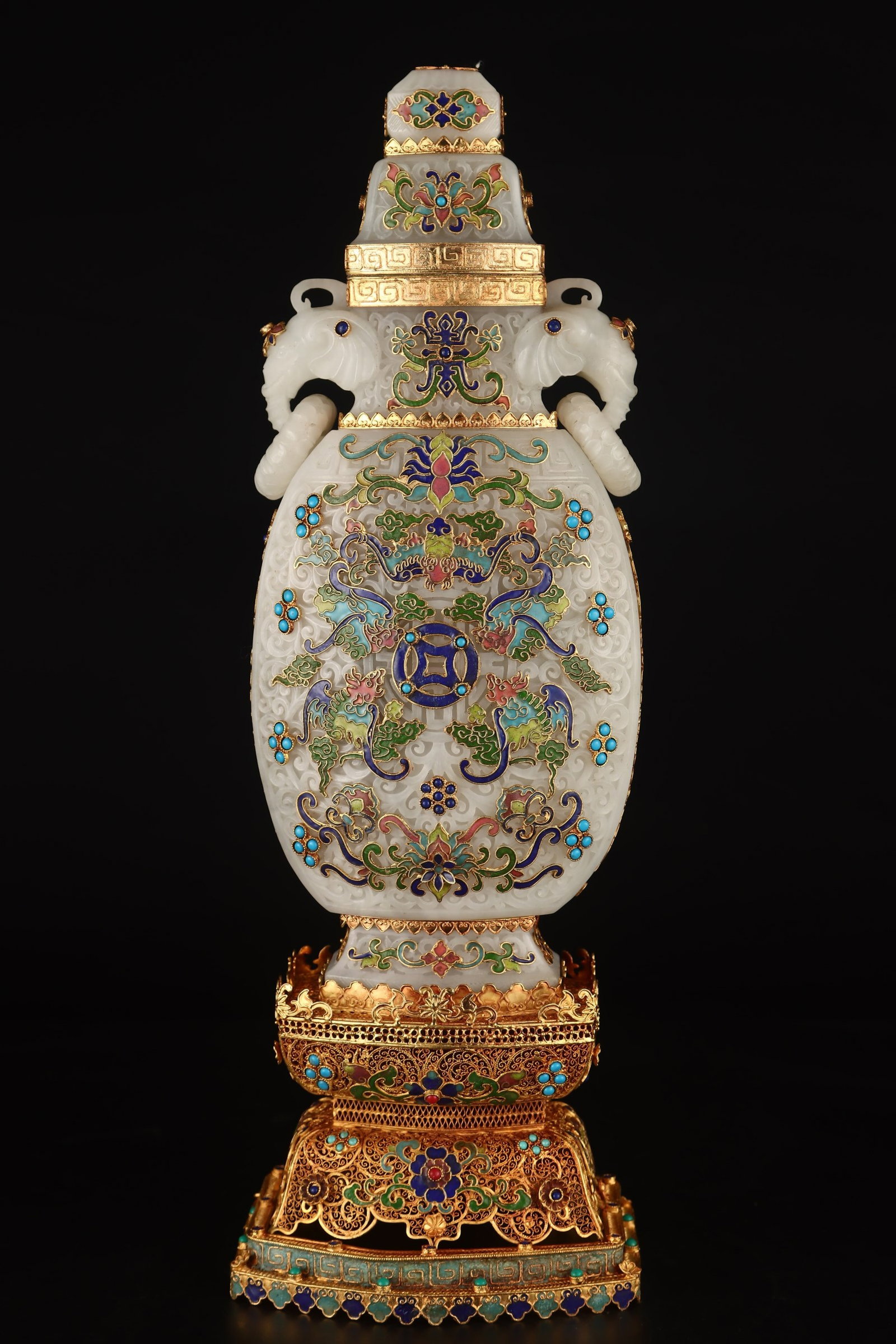 A Huge Filigree and Gilding Inlaid White Jade Bats and Peach Pattern Elephant-Ears Bottle,Inlaid: A Huge Filigree and Gilding Inlaid White Jade Bats and Peach Pattern Elephant-Ears Bottle,Inlaid Turquoise,Qing Dynasty,China,Qianlong Four-character Mark,Size:5.5inx4.7inx16.5in,Weight:3252g 花