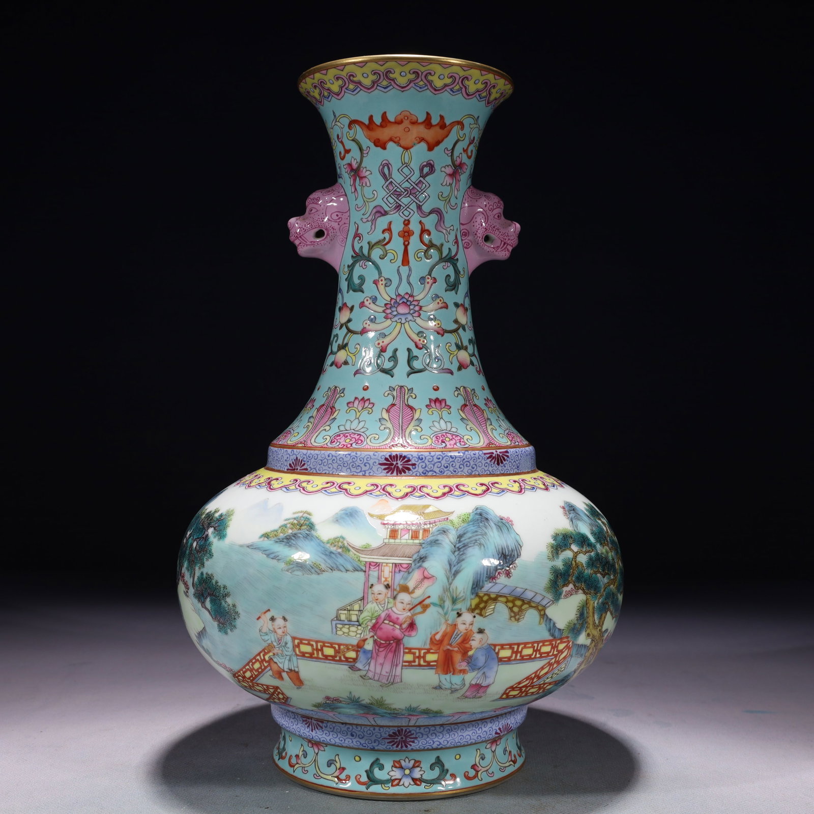 An Exquisite Enamel Painted Gold Landscape and Figure Pattern Beast-Ears Vase: An Exquisite Enamel Painted Gold Landscape and Figure Pattern Beast-Ears Vase,Qing Dynasty,China,Qianlong Six-character Mark,Size:7.1inx12.2in,Weight:2400g 珐琅彩描金