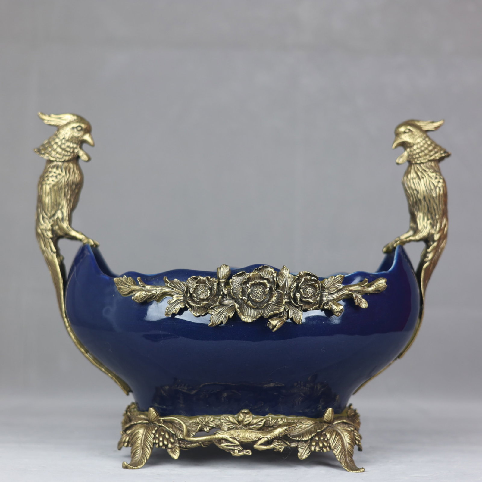 A Rare Ji Blue Glazed Inlaid Bronze Flower and Bird Pattern Basin: A Rare Ji Blue Glazed Inlaid Bronze Flower and Bird Pattern Basin,Qing Dynasty,China,Yongzheng Six-character Mark,Size:12.2inx15in 霁蓝釉镶铜花鸟纹İ