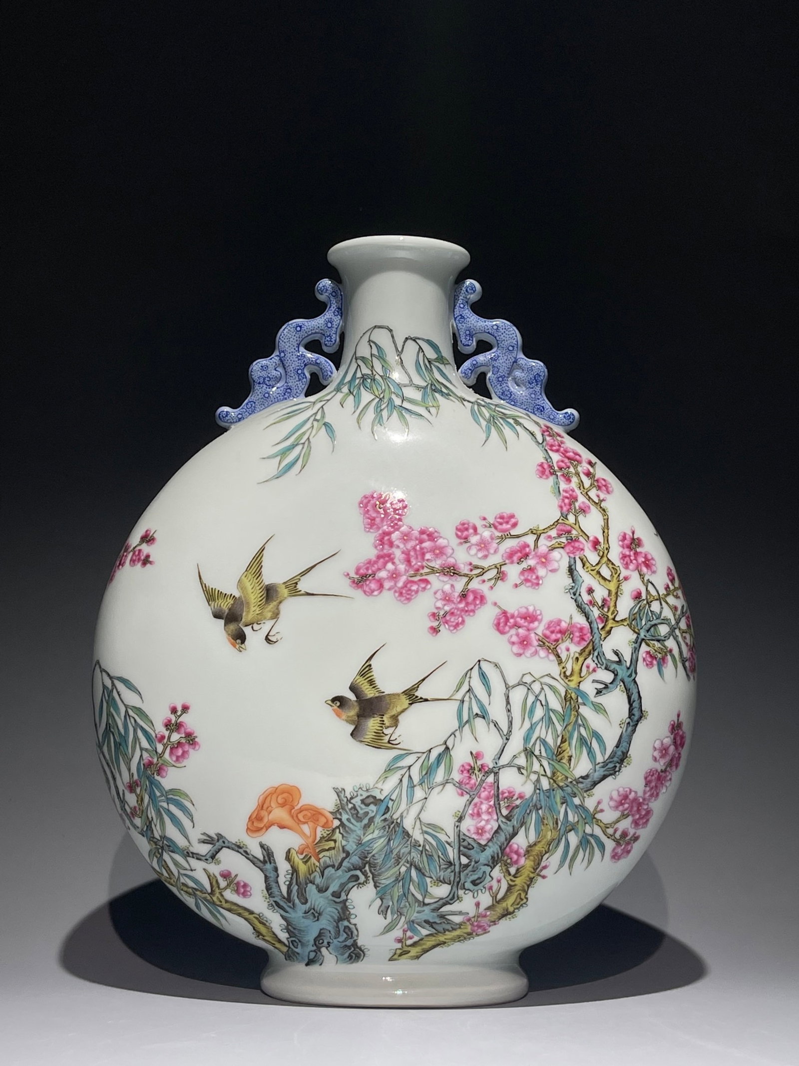 A Rare Famille-Rose Flower and Bird Pattern Double-Ears Vase,with poem: A Rare Famille-Rose Flower and Bird Pattern Double-Ears Vase,with poem,Qing Dynasty,China,Qianlong Six-character Mark,Size:12.2inx9.8in 粉彩花鸟纹双耳瓶