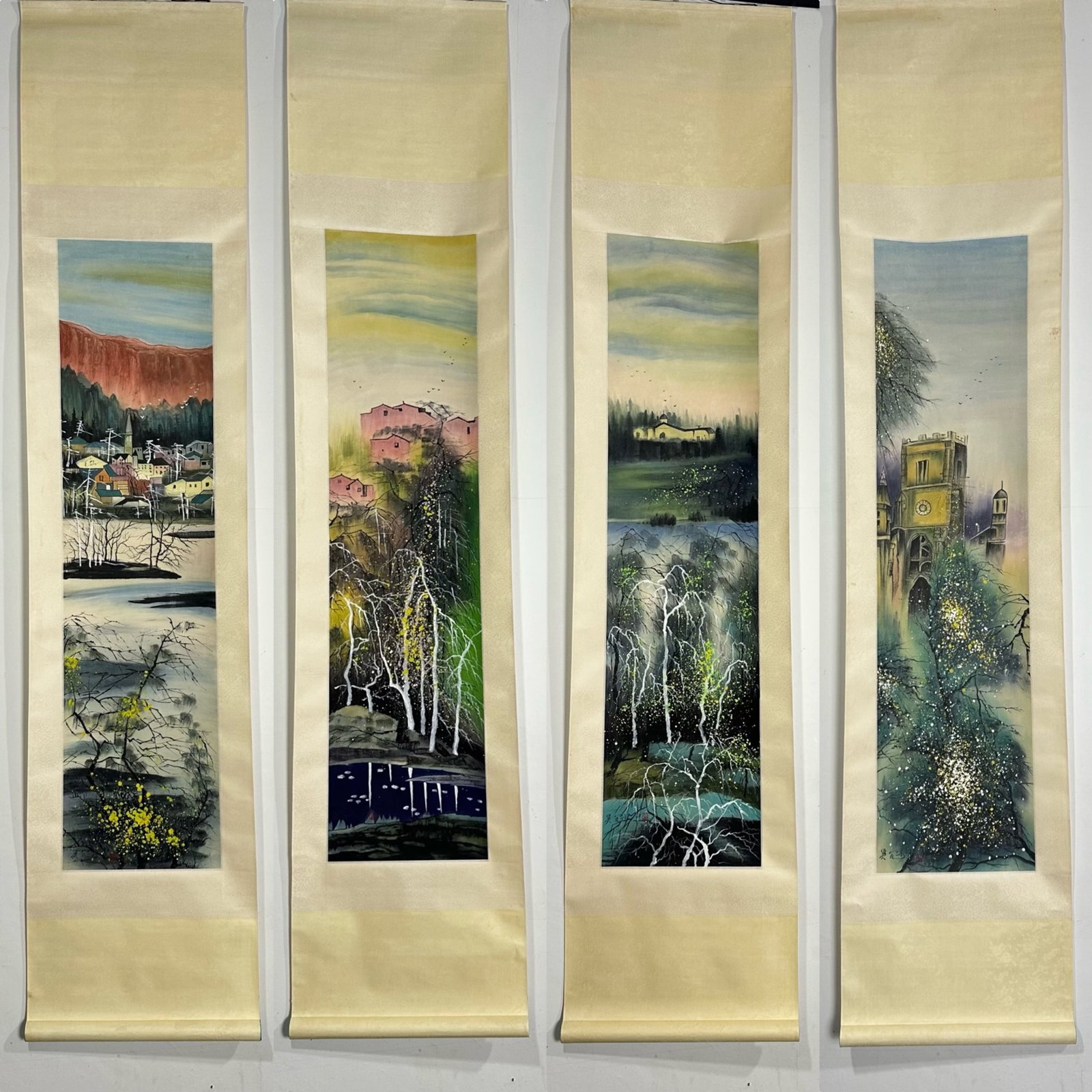 A Set of Chinese Vertical Scroll Ink Painting of Landscape on Paper: A Set of Chinese Vertical Scroll Ink Painting of Landscape on Paper,Wu Guanzhong,Size:(Without Frame)53.1inx13in,(Entirety)87.4inx19.3in 一套中国水墨山水