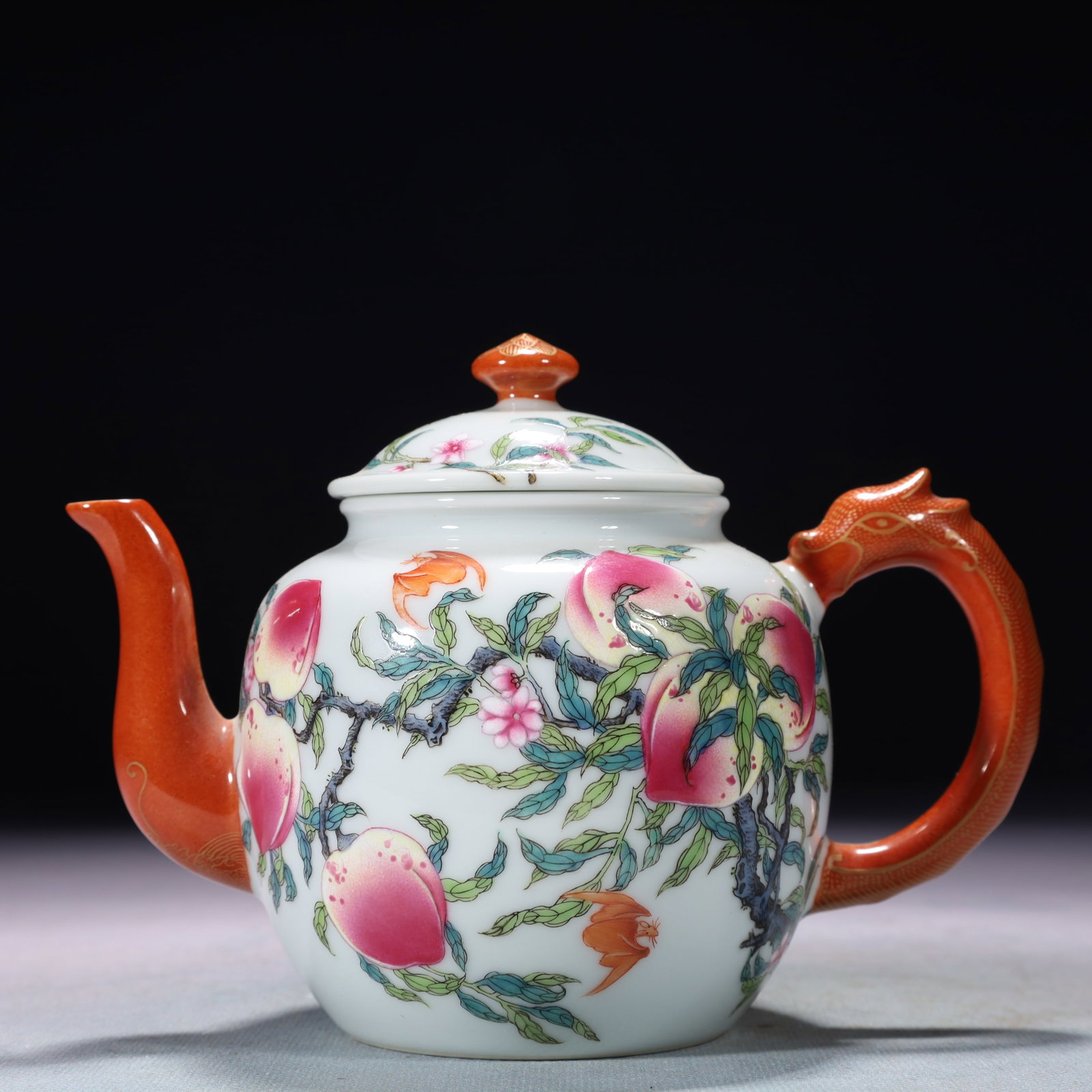 An Exquisite Famille-Rose Bats and Peach Pattern Teapot,with poem (1 of 10)