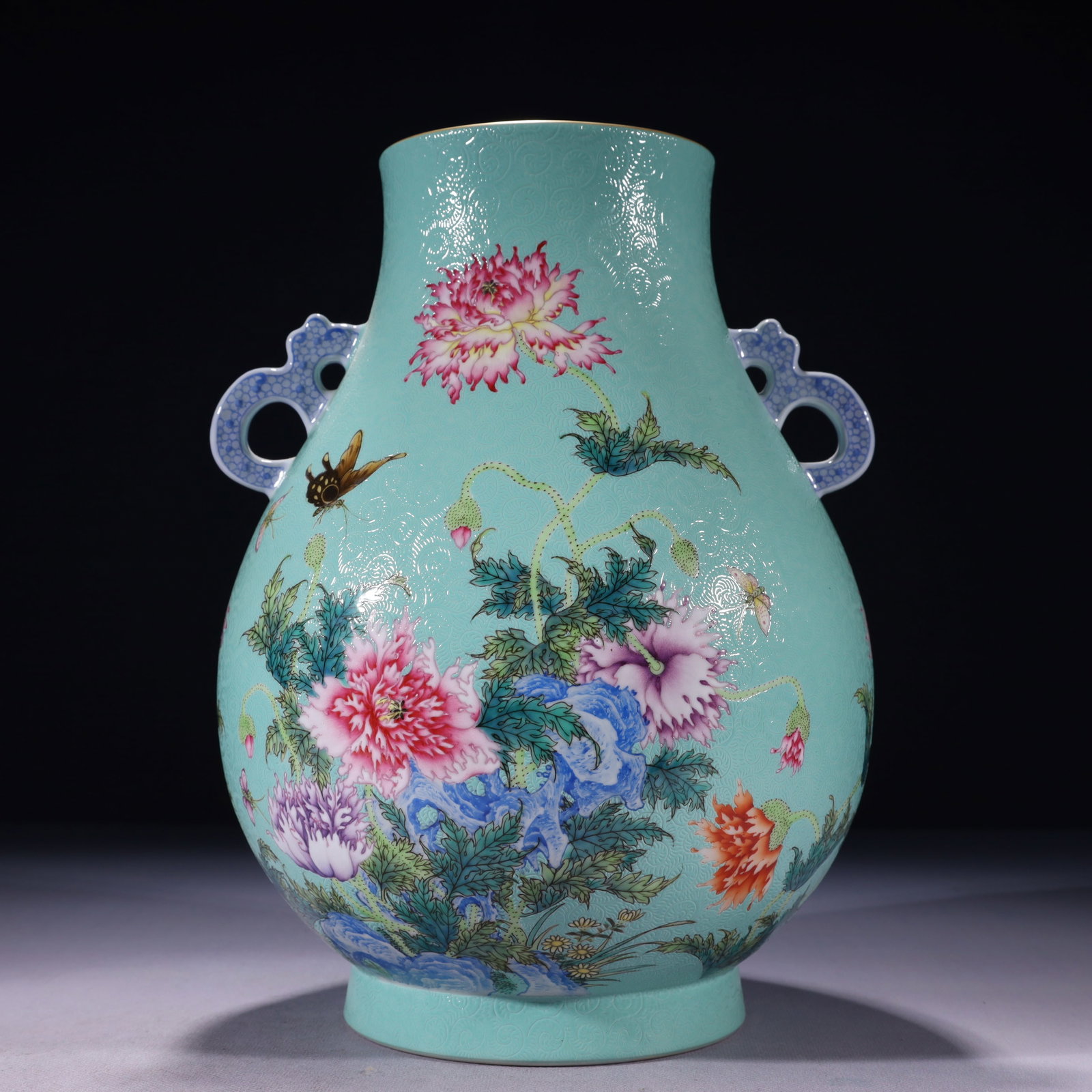 An Exquisite Turquoise Glazed Famille-Rose Painted Gold Flower and Butterfly Pattern Double-Ears: An Exquisite Turquoise Glazed Famille-Rose Painted Gold Flower and Butterfly Pattern Double-Ears Vase,with poem,Qing Dynasty,China,Yongzheng Six-character Mark,Size:8.3inx11.8in,Weight:2600g 松&
