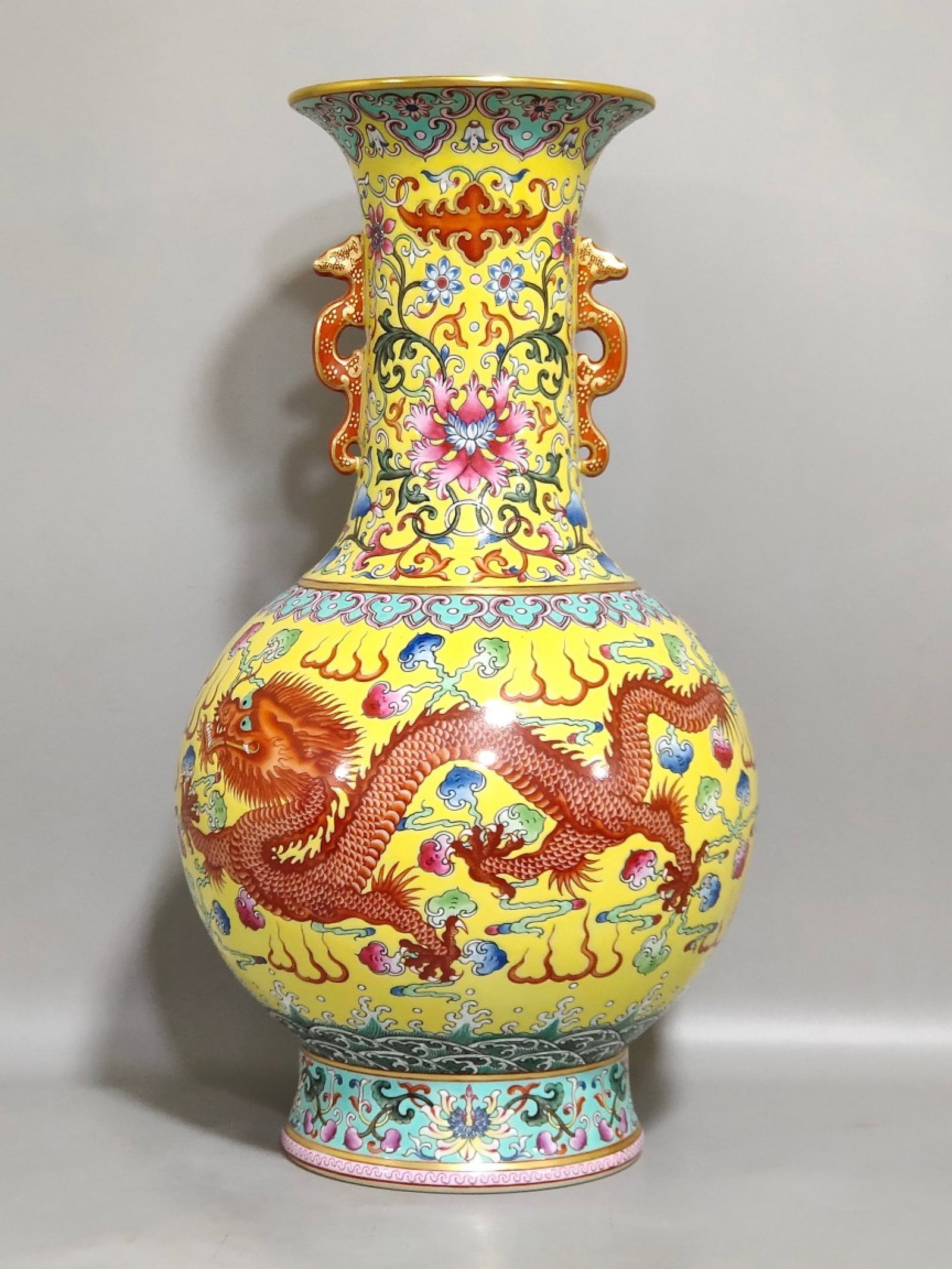A Rare Yellow Ground Famille-Rose Lotus and Dragon Pattern Double-Ears Vase (1 of 8)
