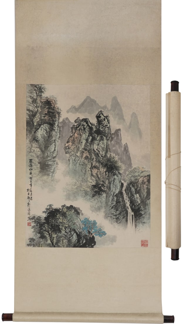 A Chinese Vertical Scroll Ink Painting of Landscape on Paper: A Chinese Vertical Scroll Ink Painting of Landscape on Paper,Size:26.4inx19.7in 一幅中国水墨山水画立轴