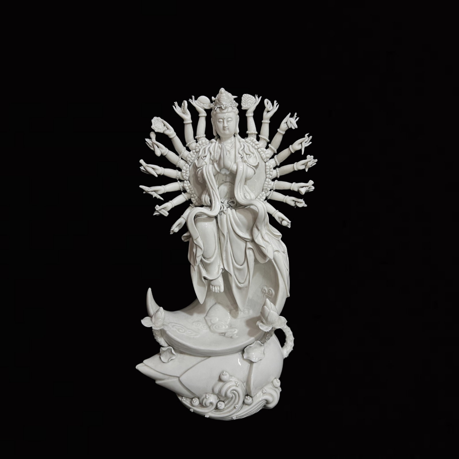 A Solemn Blance-De-Chine Statue of Thousand-hand Guanyin: A Solemn Blance-De-Chine Statue of Thousand-hand Guanyin,Ming Dynasty,China,He Chaozong Mark,Size:17.7in