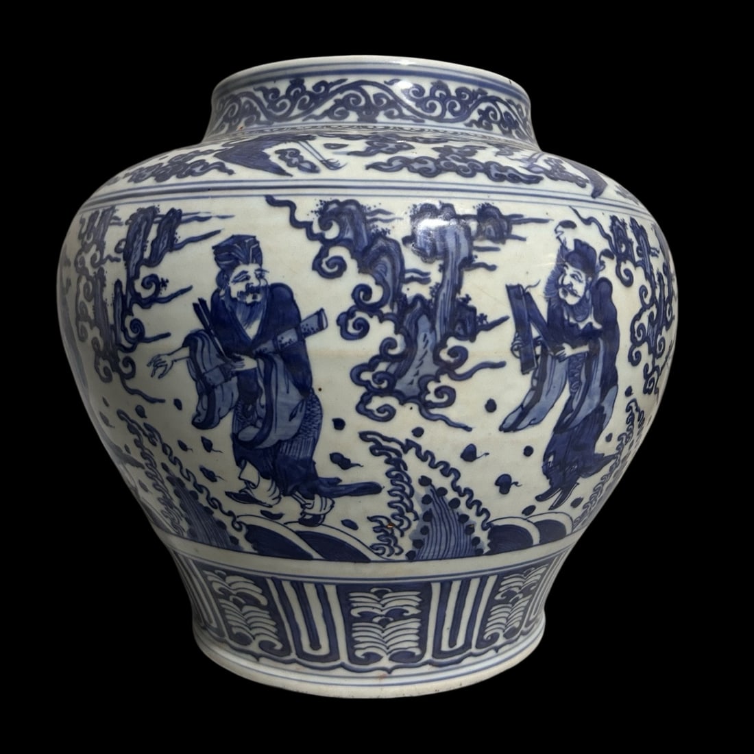 An Exquisite Blue and White Figure Pattern Jar: An Exquisite Blue and White Figure Pattern Jar,Qing Dynasty,China,Size:9.4inx11.6in