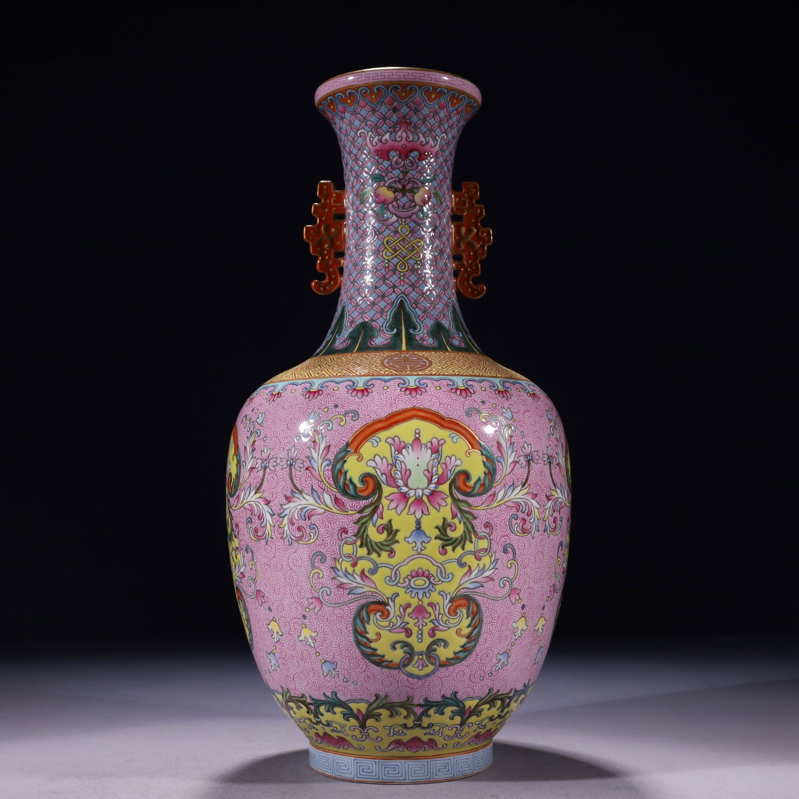 An Exquisite Pink Ground Famille-Rose Painted Gold Lotus Pattern Double-Ears Vase (1 of 12)