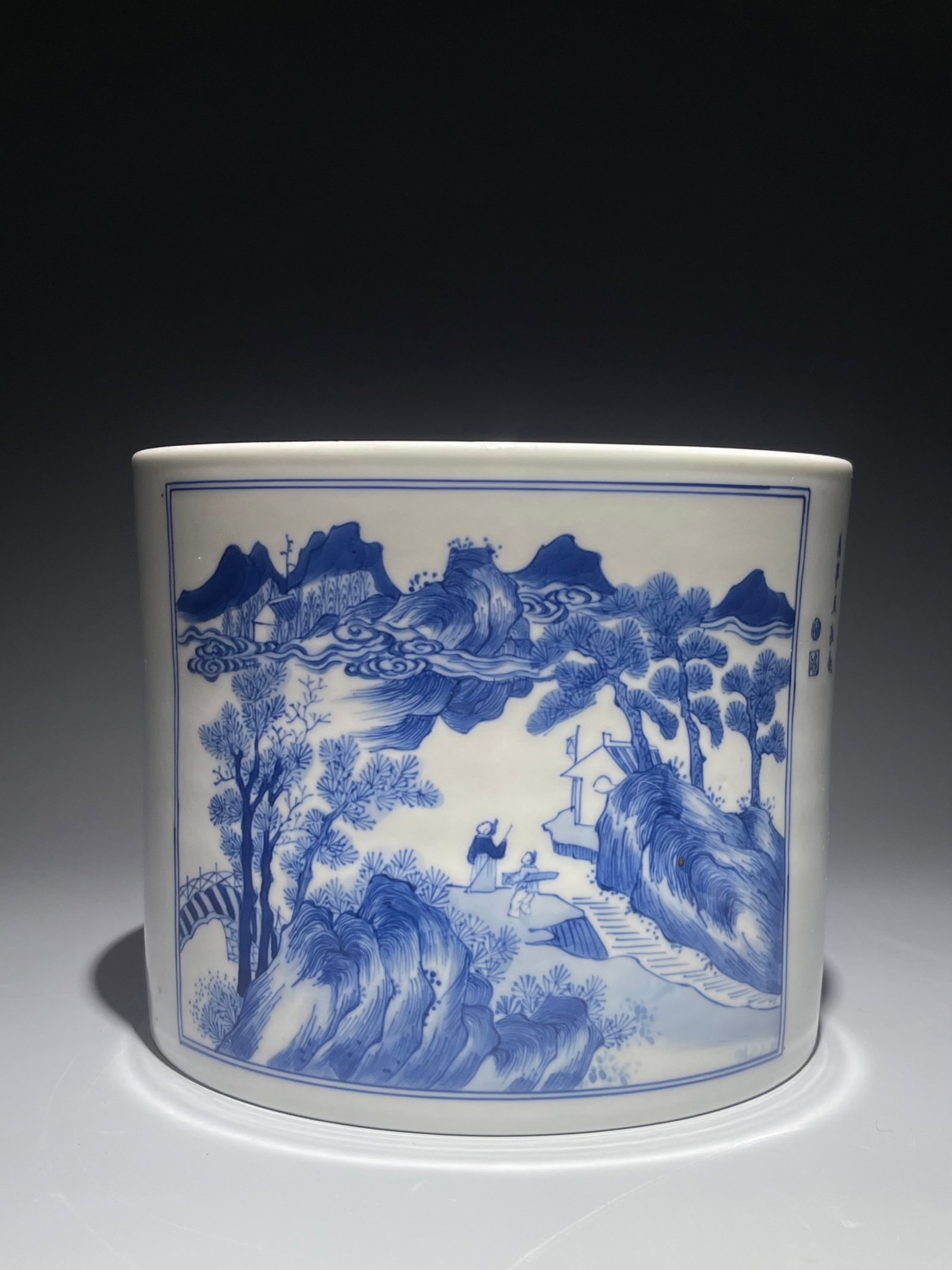 An Exquisite Blue and White Landscape and Figure Pattern Brush Pot,with poem: An Exquisite Blue and White Landscape and Figure Pattern Brush Pot,with poem,Qing Dynasty,China,Kangxi Six-character Mark,Size:6.3inx7.5in 青花山水人物纹Ļ