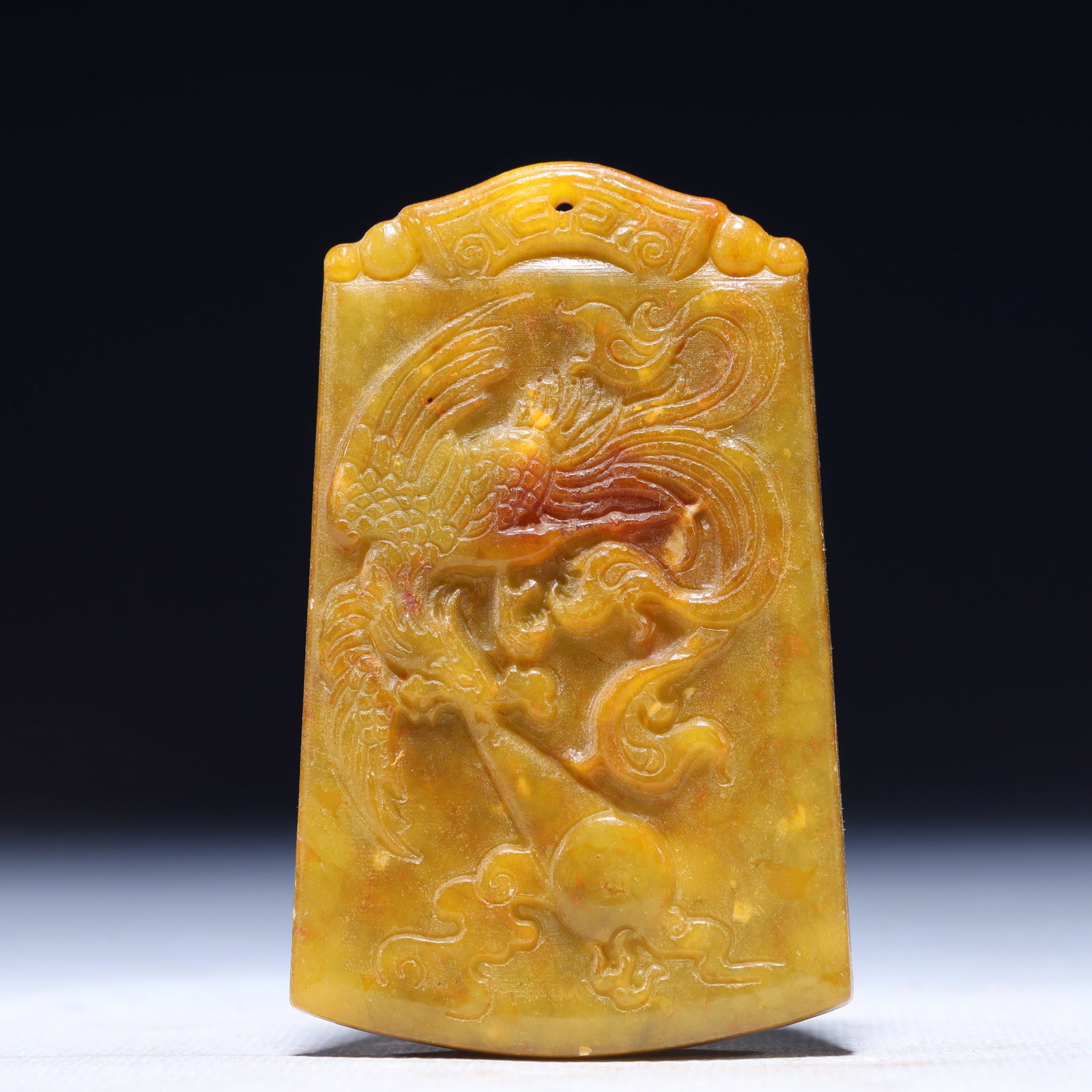 An Exquisite Archaic Jade Auspicious Cloud and Phoenix Pattern Pendant: An Exquisite Archaic Jade Auspicious Cloud and Phoenix Pattern Pendant,Ancient Time,China,Size:1.8inx0.3inx3.1in,Weight:70g