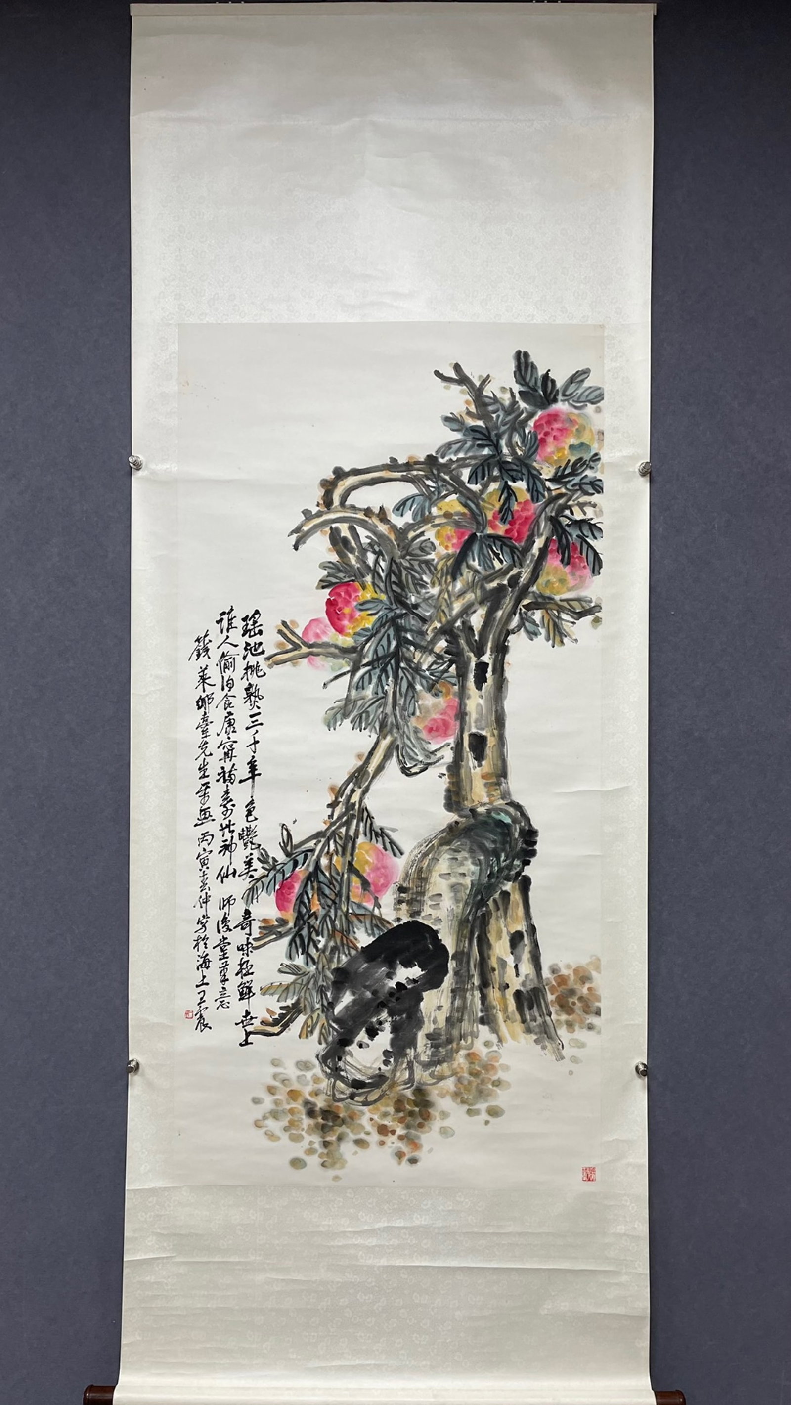 A Chinese Vertical Scroll Ink Painting of Peach on Paper (1 of 9)