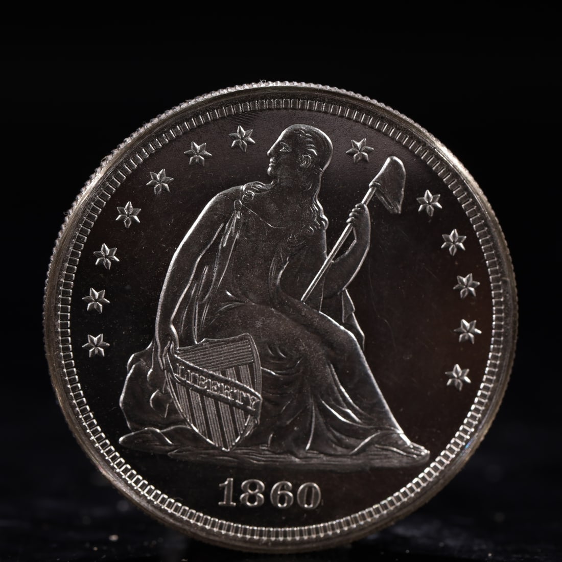 USA One Dollar 1860 Coin: American coin. IN GOD WE TRUST / LIBERTY / 1860 / UNITED STATES OF AMERICA / ONE DOL. Mint Mark: O.Weight:26.9g.