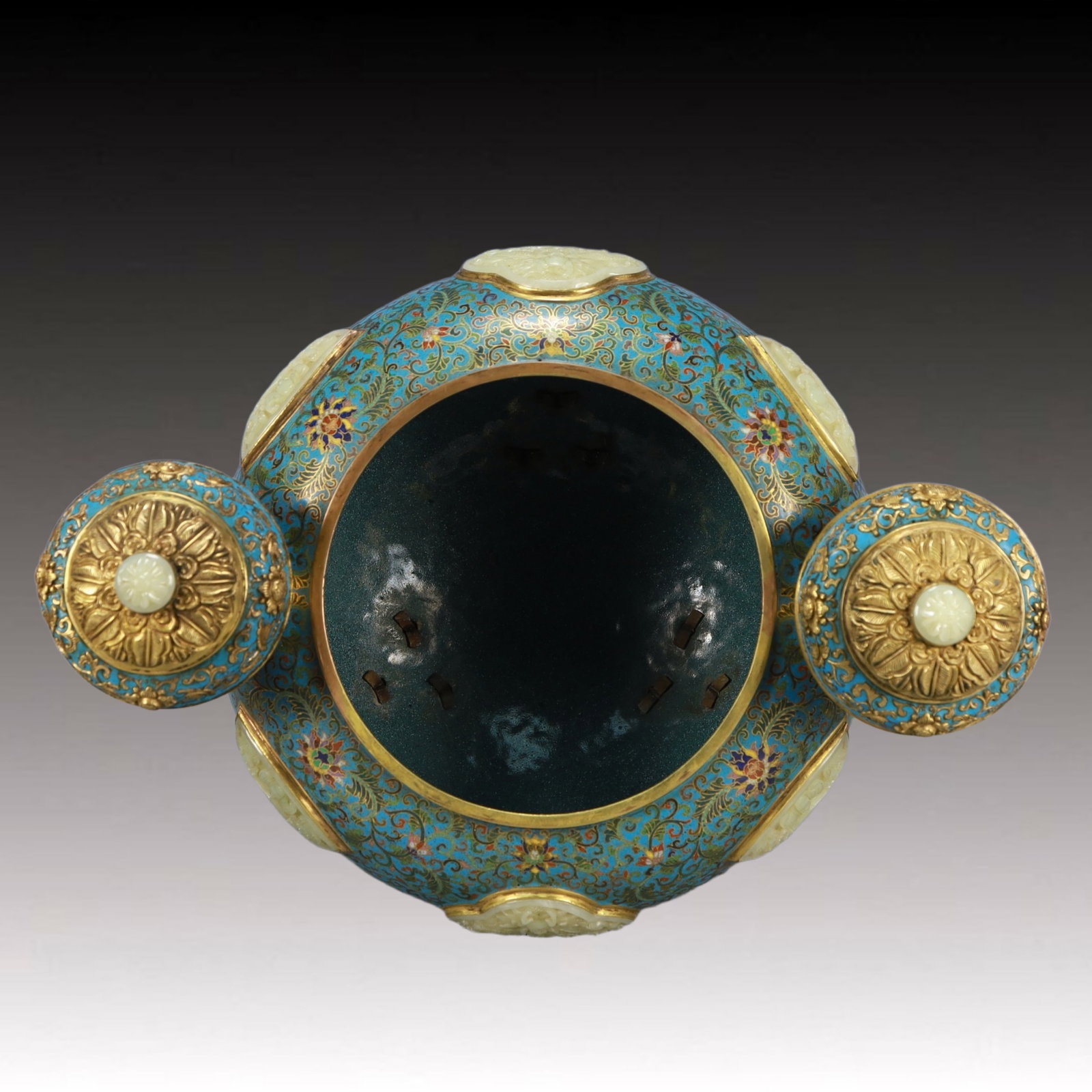 Cloisonne Inlaid White Jade Dragon Pattern Double-Ears Tripod Ornament - 10