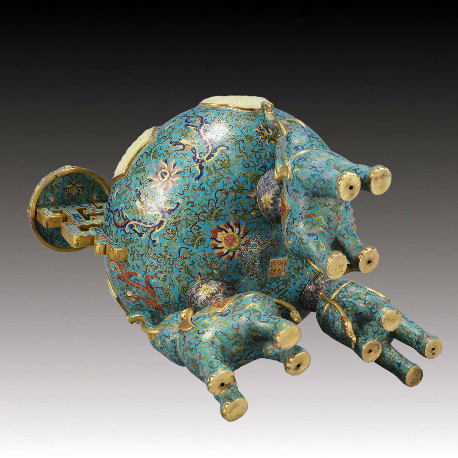Cloisonne Inlaid White Jade Dragon Pattern Double-Ears Tripod Ornament - 11