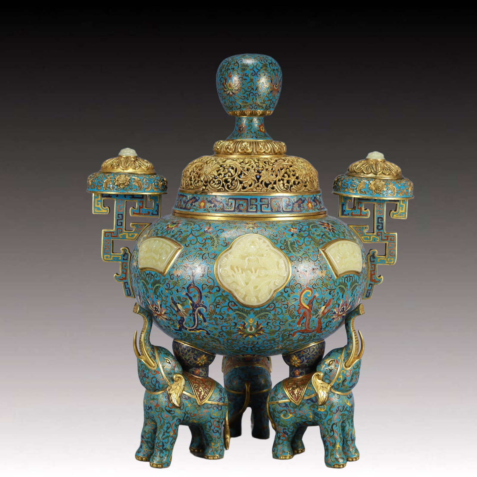 Cloisonne Inlaid White Jade Dragon Pattern Double-Ears Tripod Ornament: Cloisonne Inlaid White Jade Dragon Pattern Double-Ears Tripod Ornament,Qing Dynasty, China,Qianlong Four-character Mark,Size：15.7inx6.7inx19.7in; Weight：9600g 景泰嵌