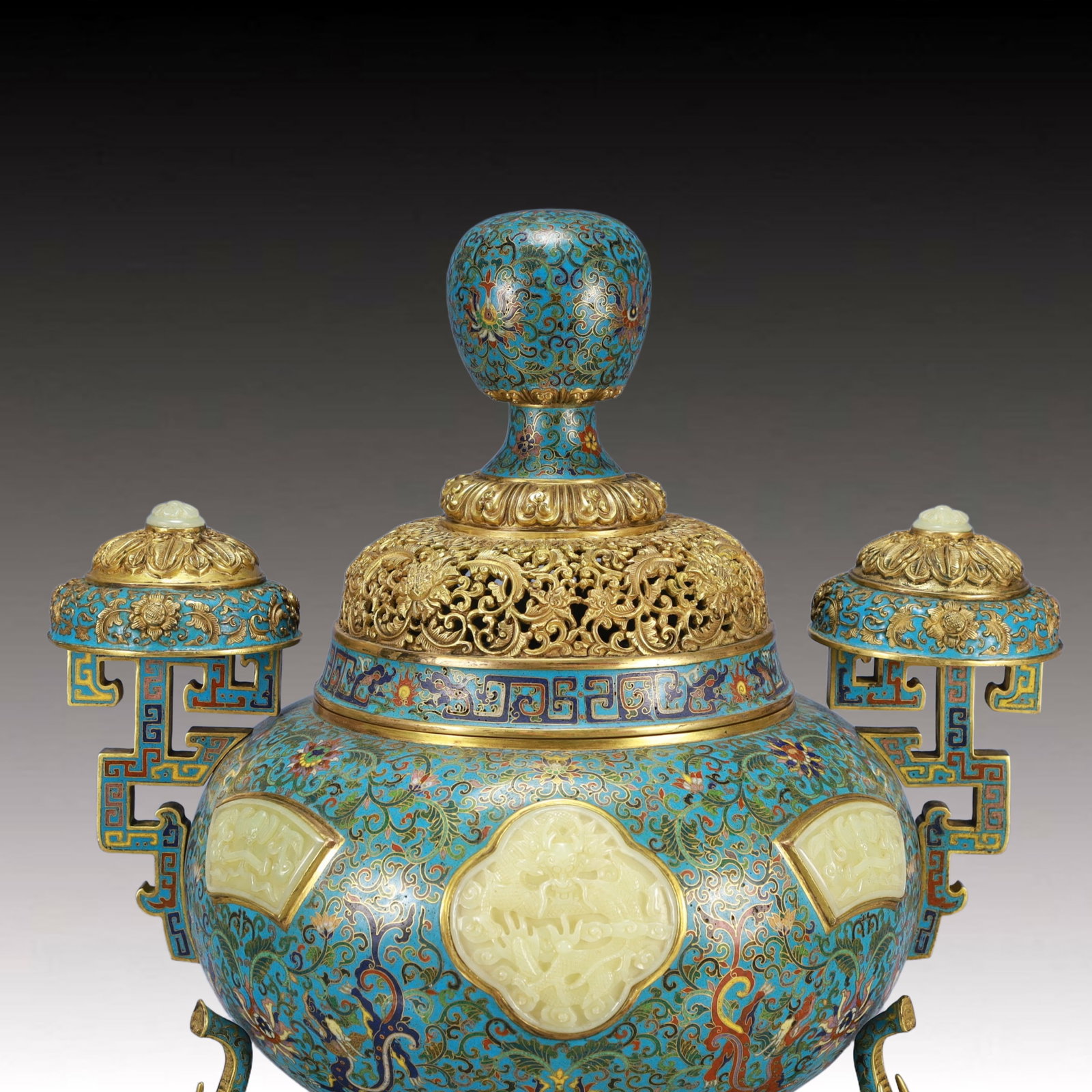Cloisonne Inlaid White Jade Dragon Pattern Double-Ears Tripod Ornament - 2