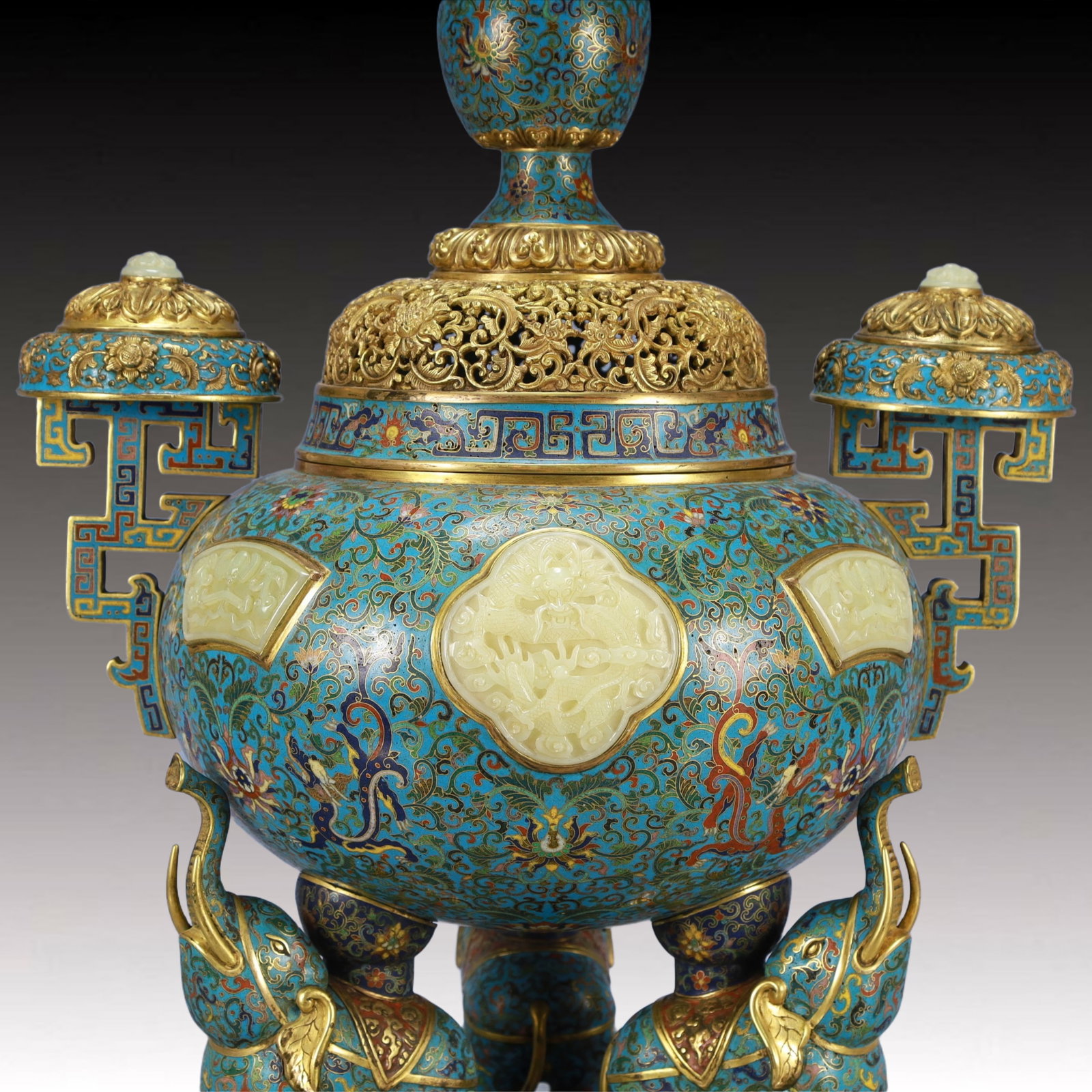 Cloisonne Inlaid White Jade Dragon Pattern Double-Ears Tripod Ornament - 3