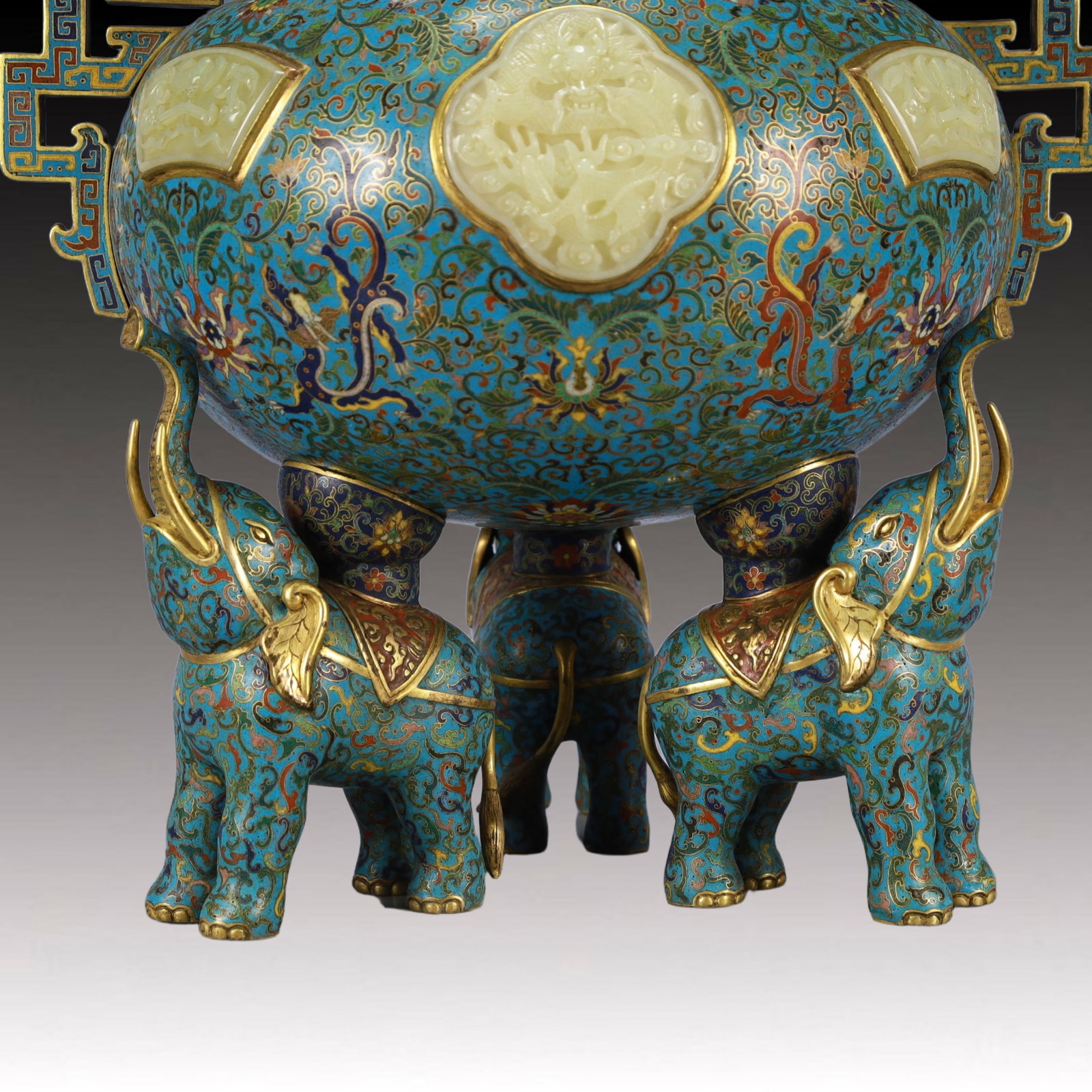 Cloisonne Inlaid White Jade Dragon Pattern Double-Ears Tripod Ornament - 4