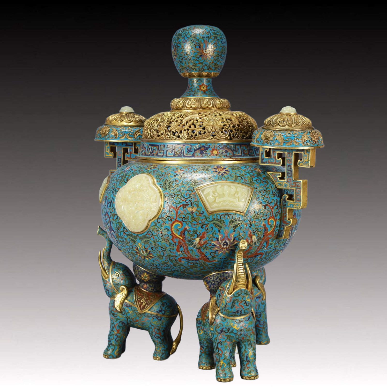 Cloisonne Inlaid White Jade Dragon Pattern Double-Ears Tripod Ornament - 5