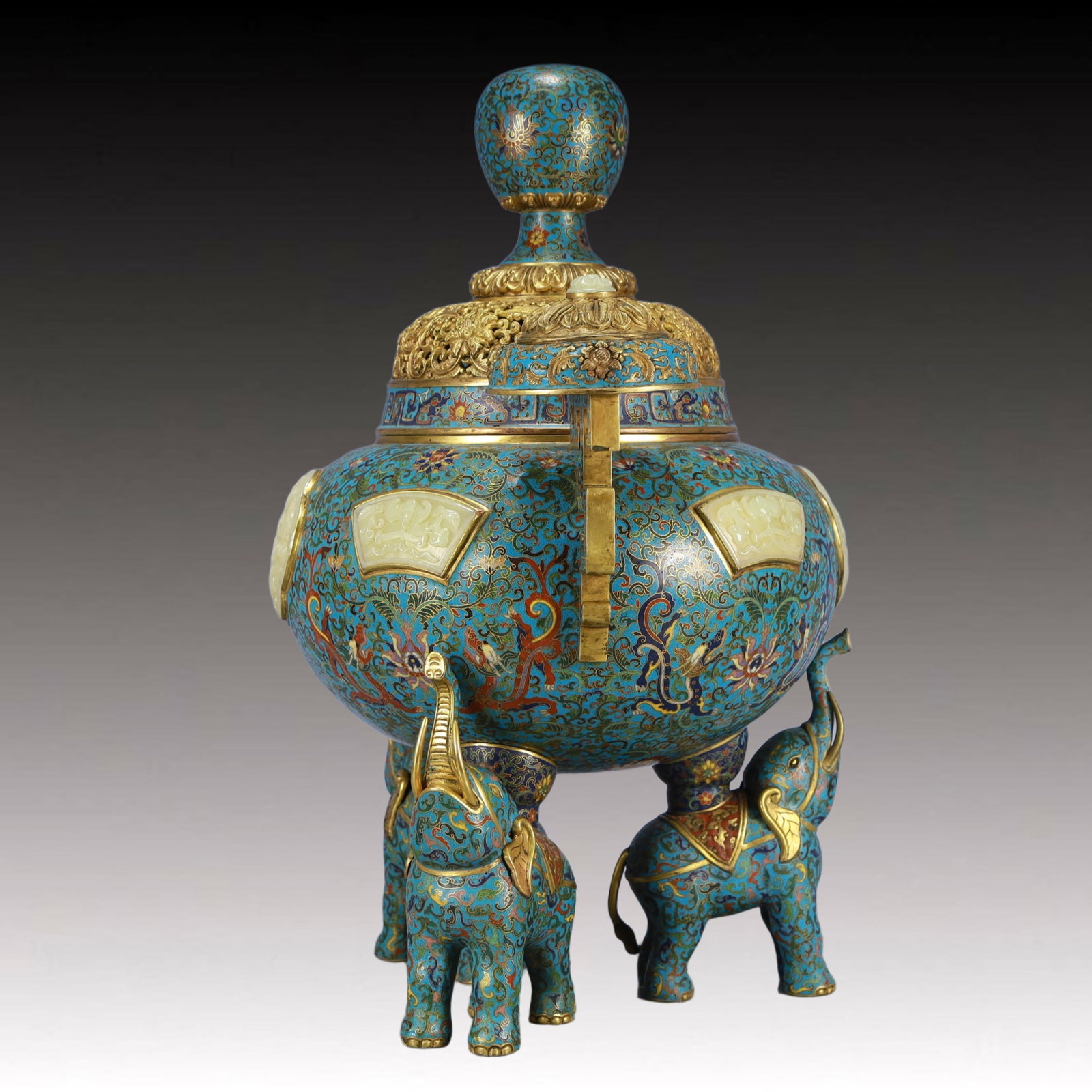Cloisonne Inlaid White Jade Dragon Pattern Double-Ears Tripod Ornament - 6