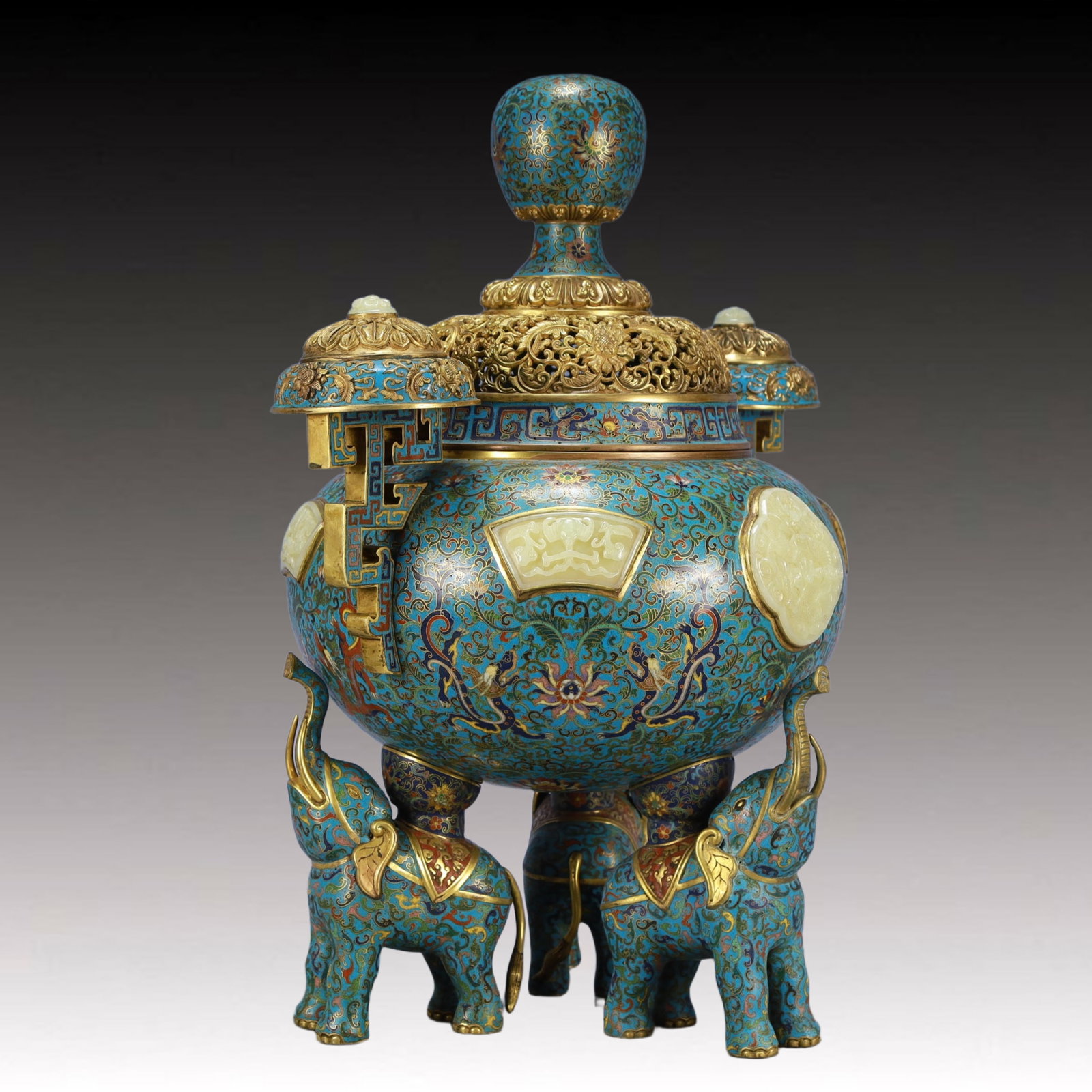 Cloisonne Inlaid White Jade Dragon Pattern Double-Ears Tripod Ornament - 7