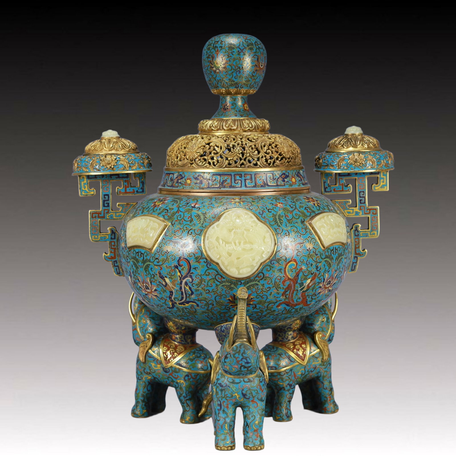 Cloisonne Inlaid White Jade Dragon Pattern Double-Ears Tripod Ornament - 8