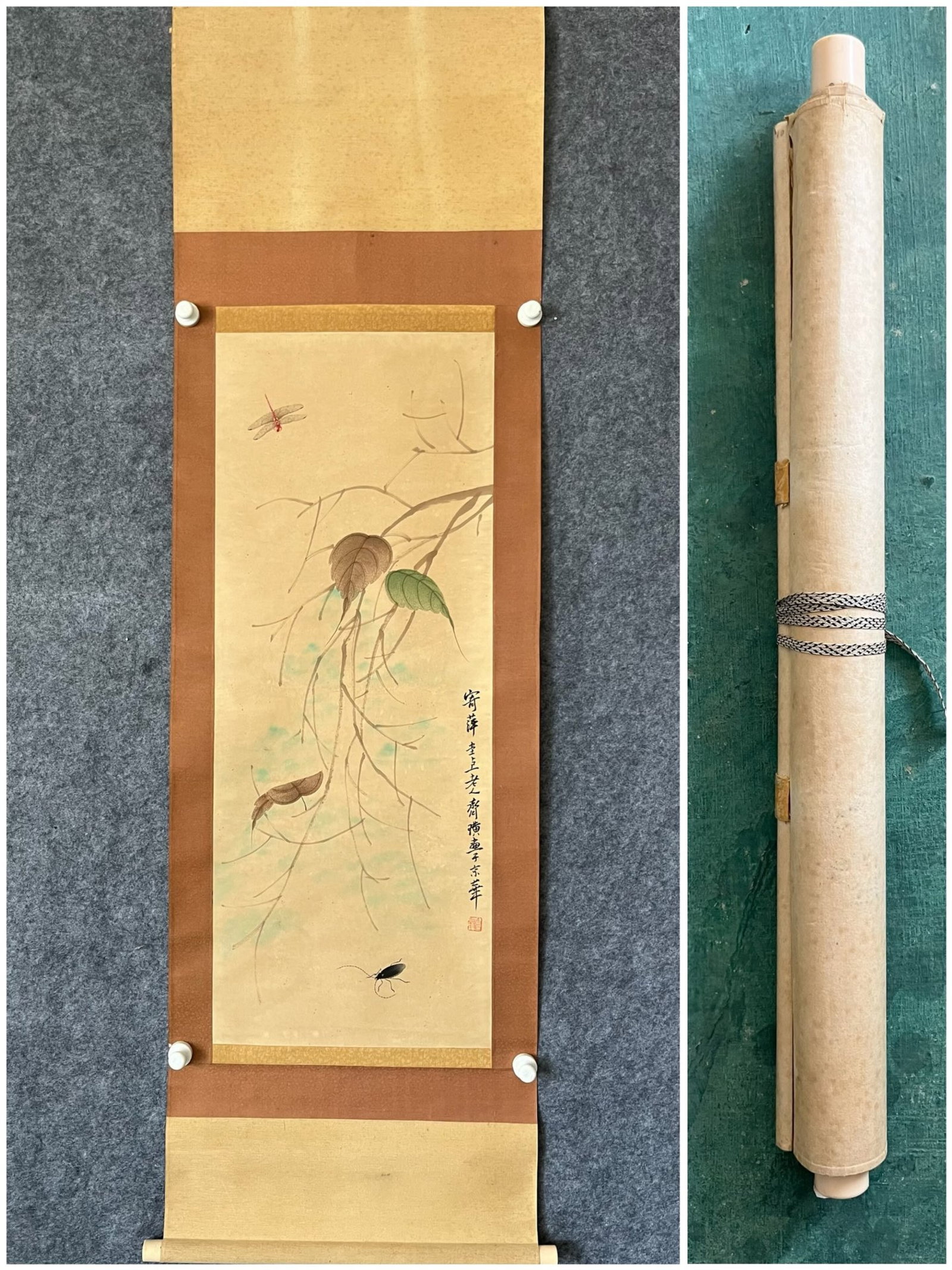 A Chinese Vertical Scroll Ink Painting of Insect on Paper: A Chinese Vertical Scroll Ink Painting of Insect on Paper,Qi Baishi,Size:15.4inx39.4in 一幅中国水墨昆虫画立轴,齐白石