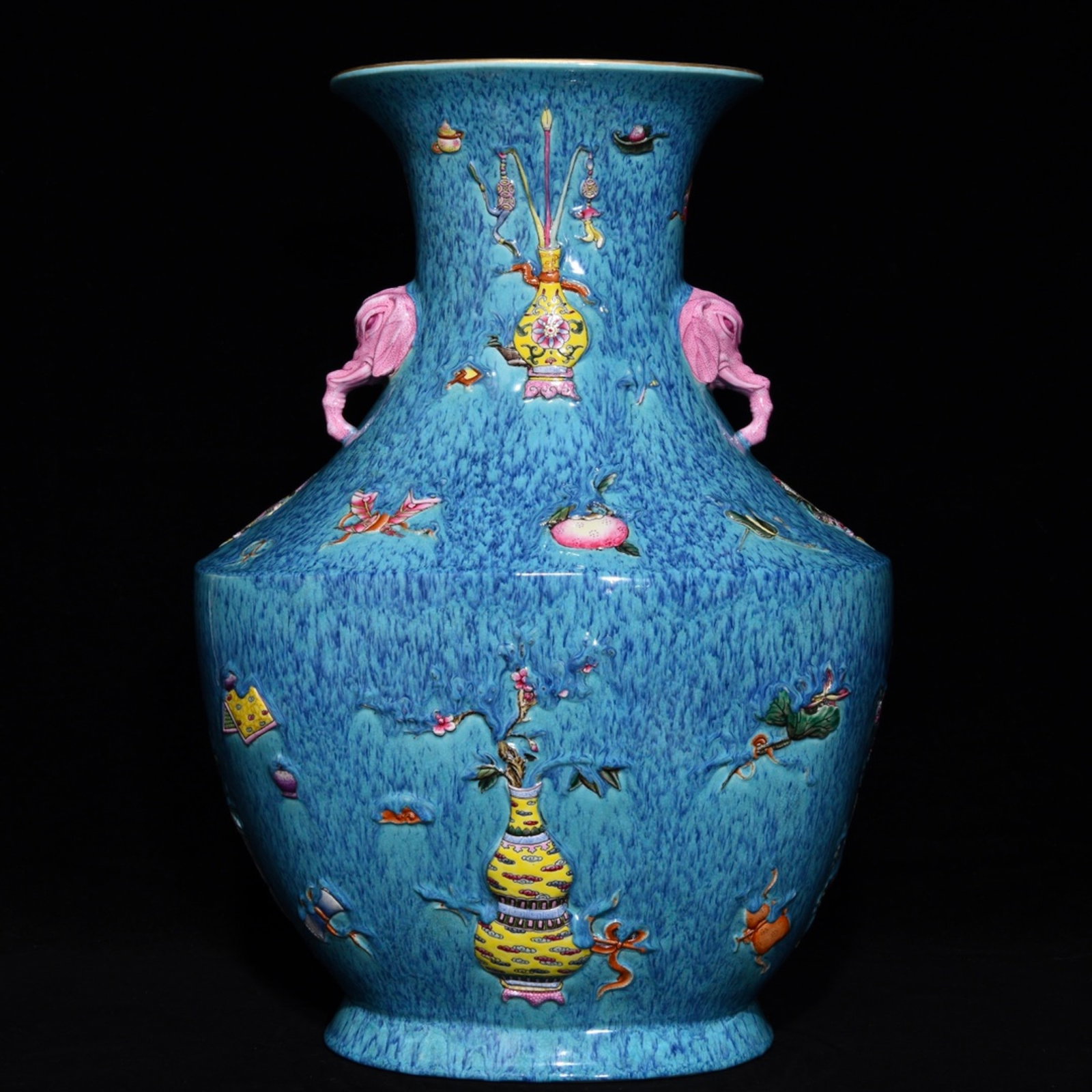 A Huge Robin's-Egg-Glazed Famille-Rose Flower Pattern Elephant-Ears Vase (1 of 9)