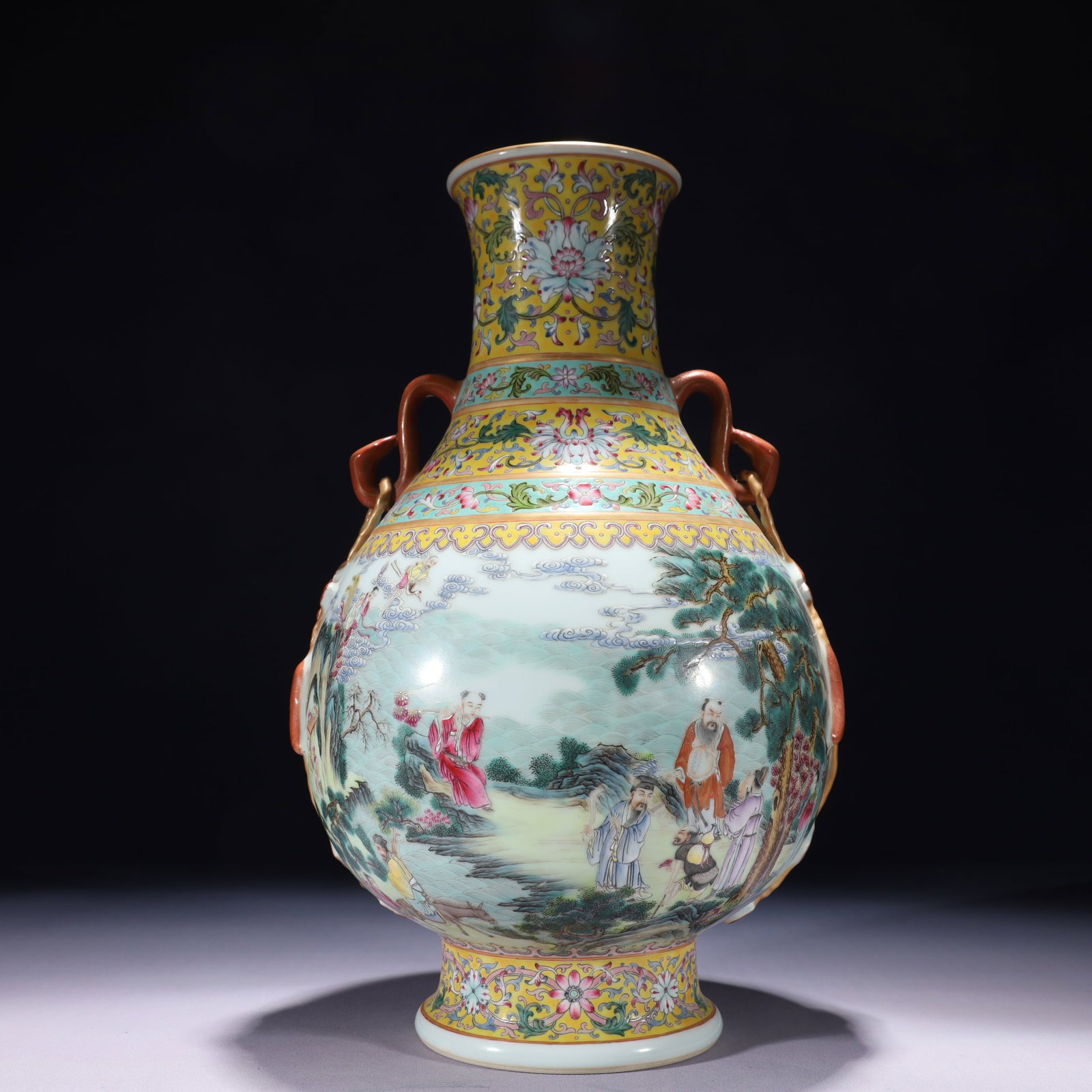 An Exquisite Famille-Rose Painted Gold Character and Story Pattern Double-Ears Vase: An Exquisite Famille-Rose Painted Gold Character and Story Pattern Double-Ears Vase,Qing Dynasty,China,Qianlong Six-character Mark,Size:8.7inx15.7in,Weight:3300g 粉彩描金ߟ